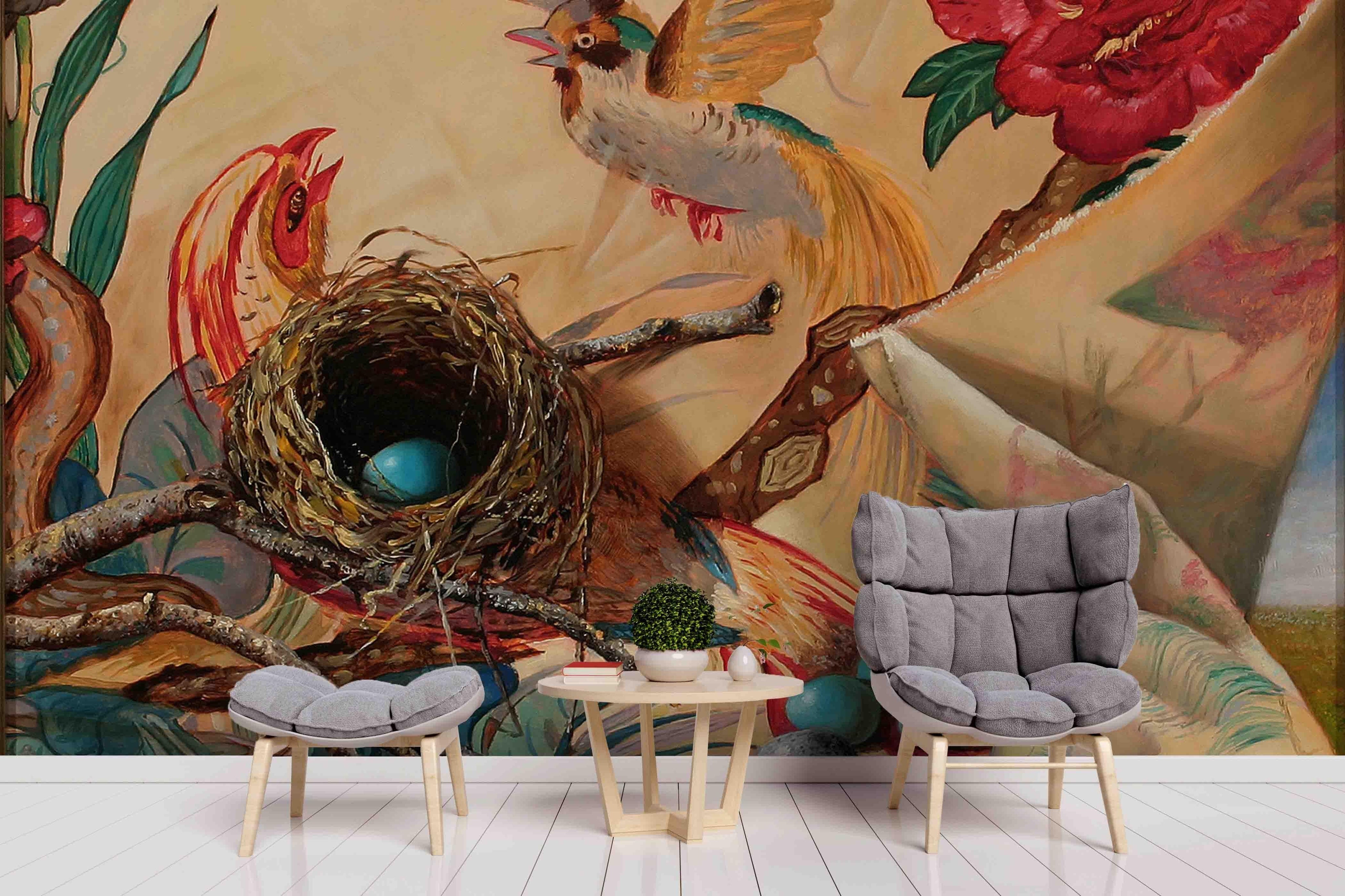 3D Realistic Oil Painting Floral Bird‘s Nest Animal Wall Mural Wallpaper LXL 1650- Jess Art Decoration