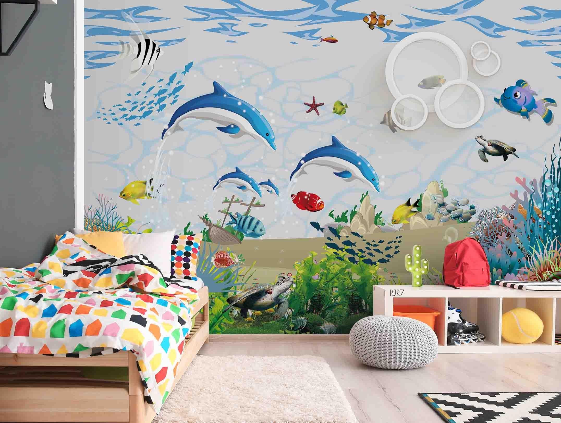 3D Dolphin Sea Fish cartoon dolphin sea life mural wall mural wallpaper for kids room - view 2