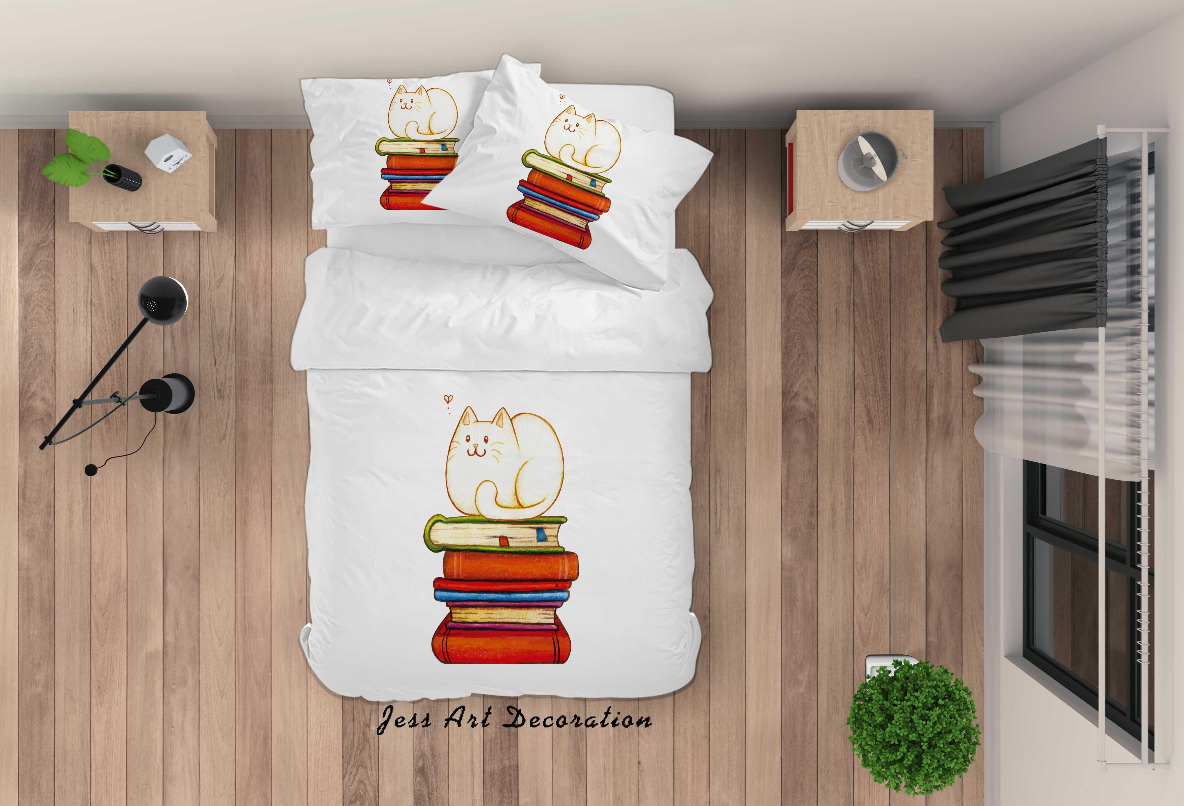 3D White Cat Books Quilt Cover Set Bedding Set Duvet Cover Pillowcases SF29- Jess Art Decoration
