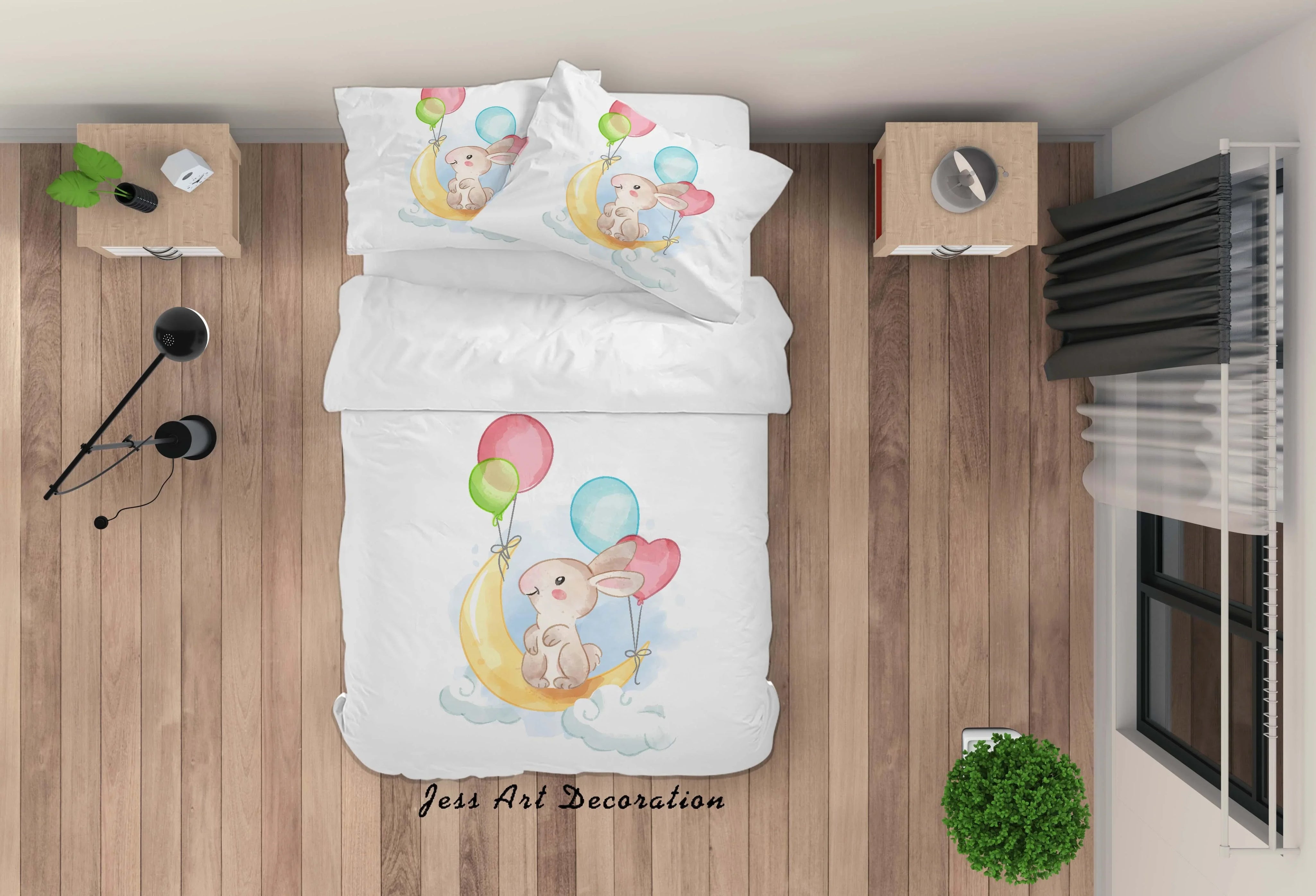 3D Cartoon Rabbit Moon Balloon Quilt Cover Set Bedding Set Duvet Cover Pillowcases SF16- Jess Art Decoration