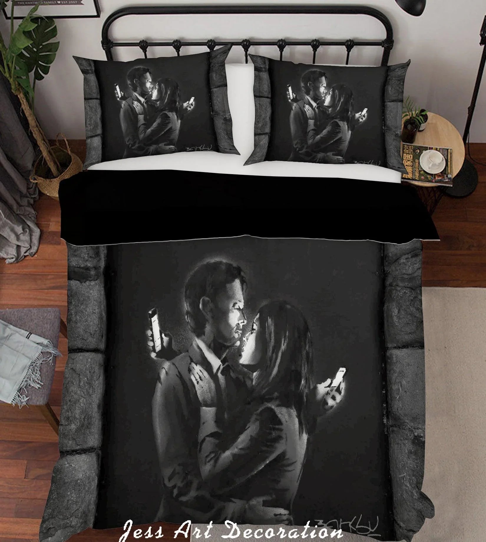 3D Banksy Mural Phone Lover Black White Quilt Cover Set Bedding Set Duvet Cover Pillowcases  ZY D128- Jess Art Decoration
