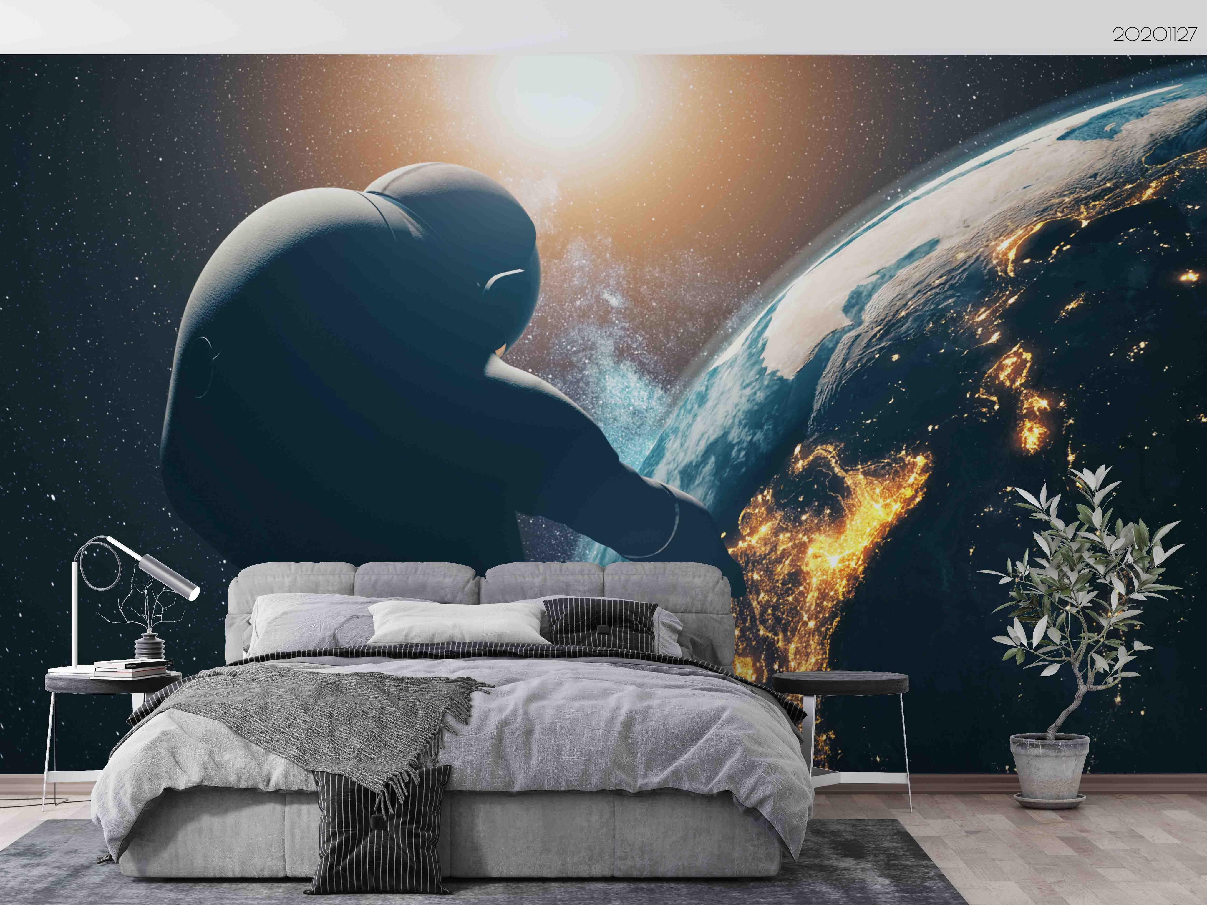 3D Dark Space Silhouette Astronaut Earth Planet Wall Mural Wallpaper LXL- Jess Art Decoration