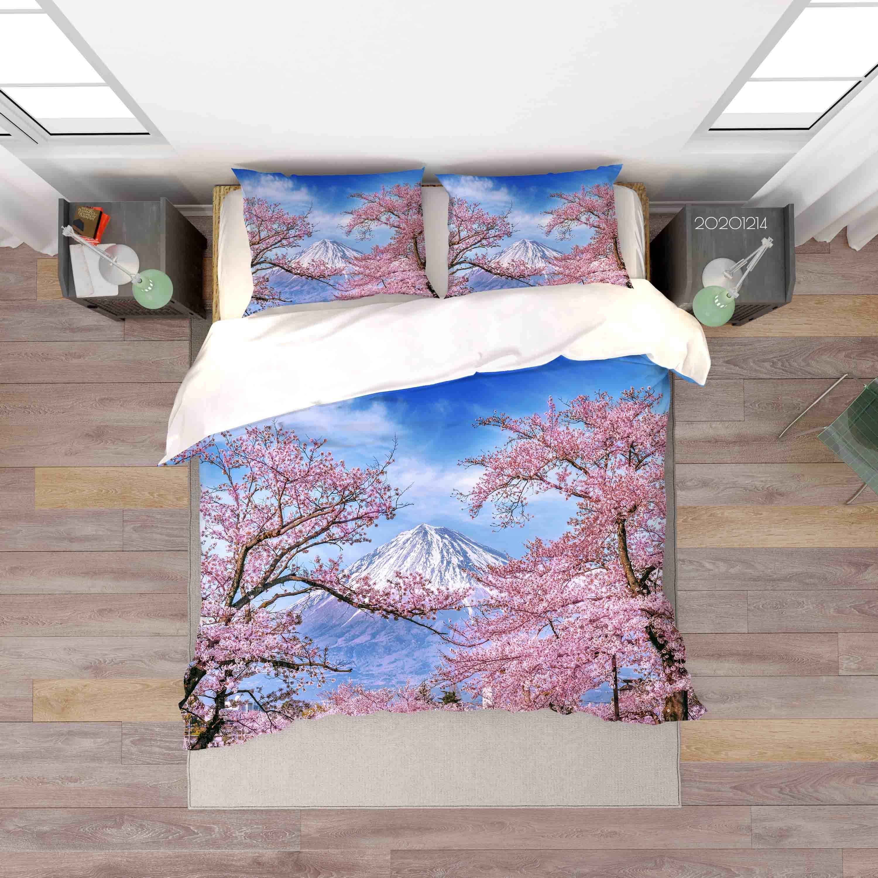 3D Landscape Japan Fuji Mountain Cherry Blossom Pink Floral Quilt Cover Set Bedding Set Duvet Cover Pillowcases LXL- Jess Art Decoration