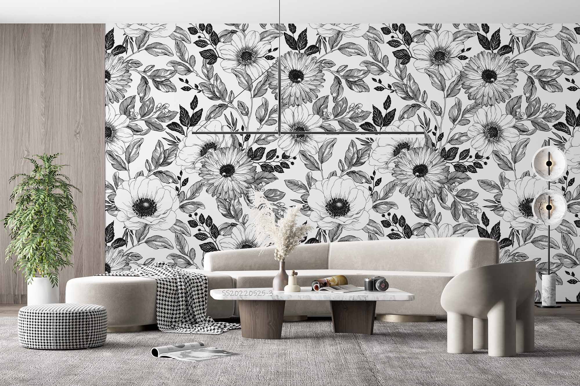3D Sketch Floral Leaf White Black Wall Mural Wallpaper GD 290- Jess Art Decoration
