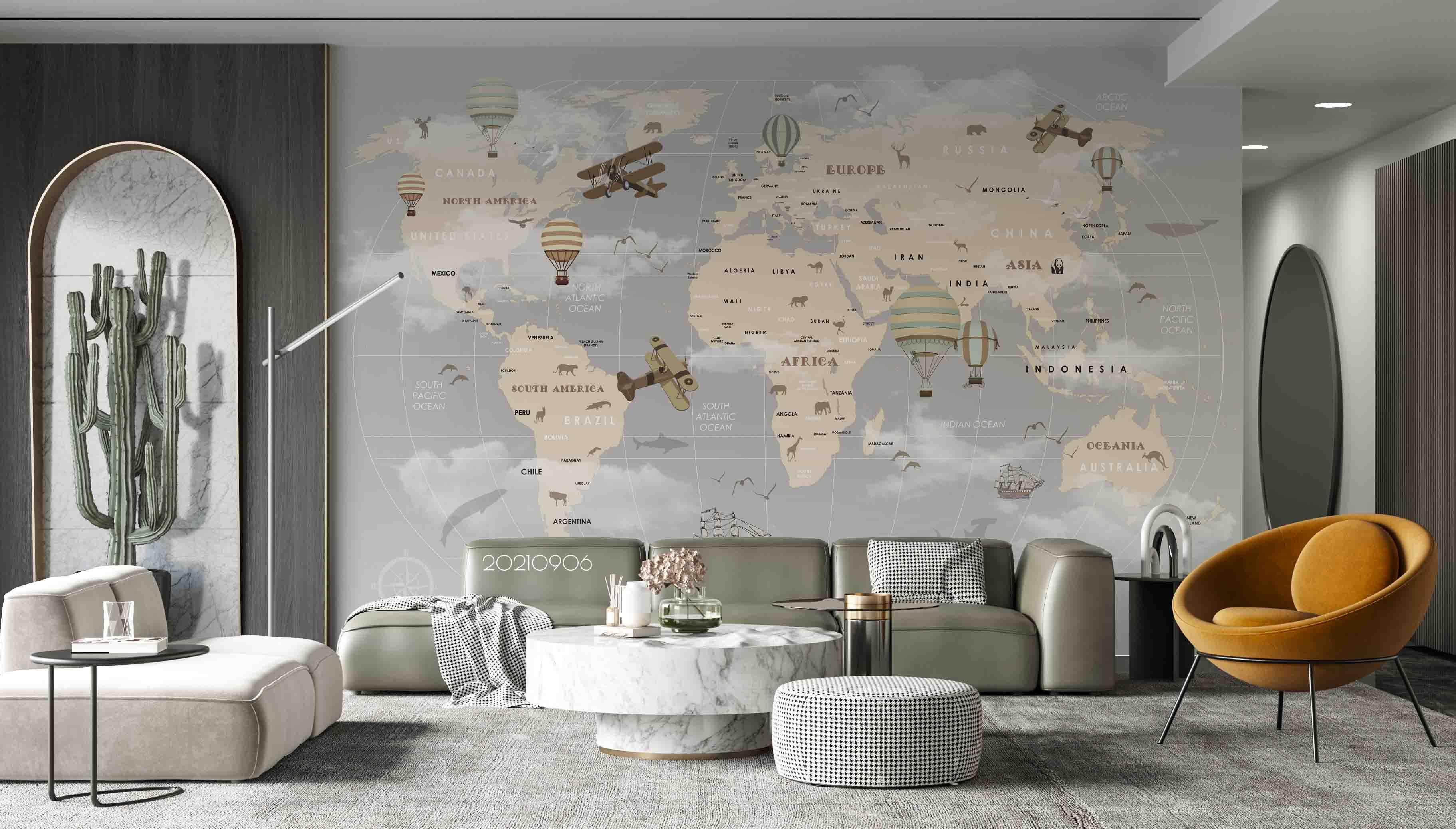 3D Grey World Map Hot Air Balloon Wall Mural Wallpaper LQH 682- Jess Art Decoration