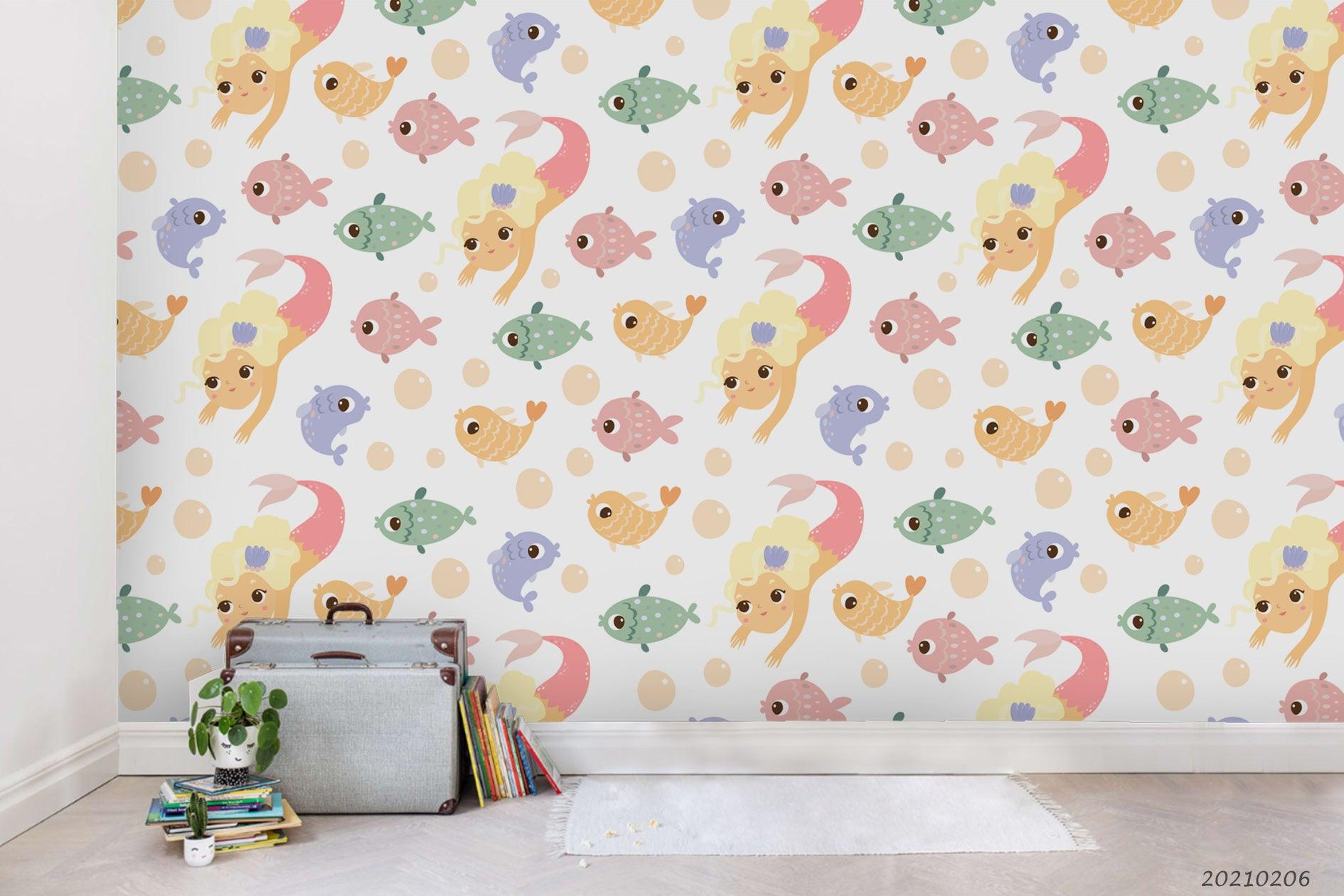 3D Hand Drawn Goldfish Mermaid Wall Mural Wallpaper LQH 365- Jess Art Decoration