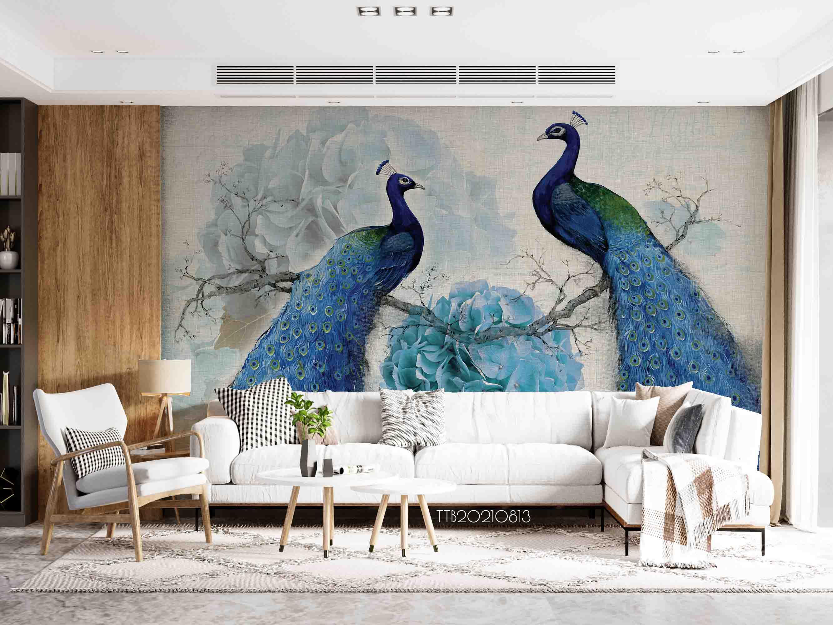 3D Hand-painted Blue Peacock Floral Wall Mural Wallpaper SWW5085- Jess Art Decoration