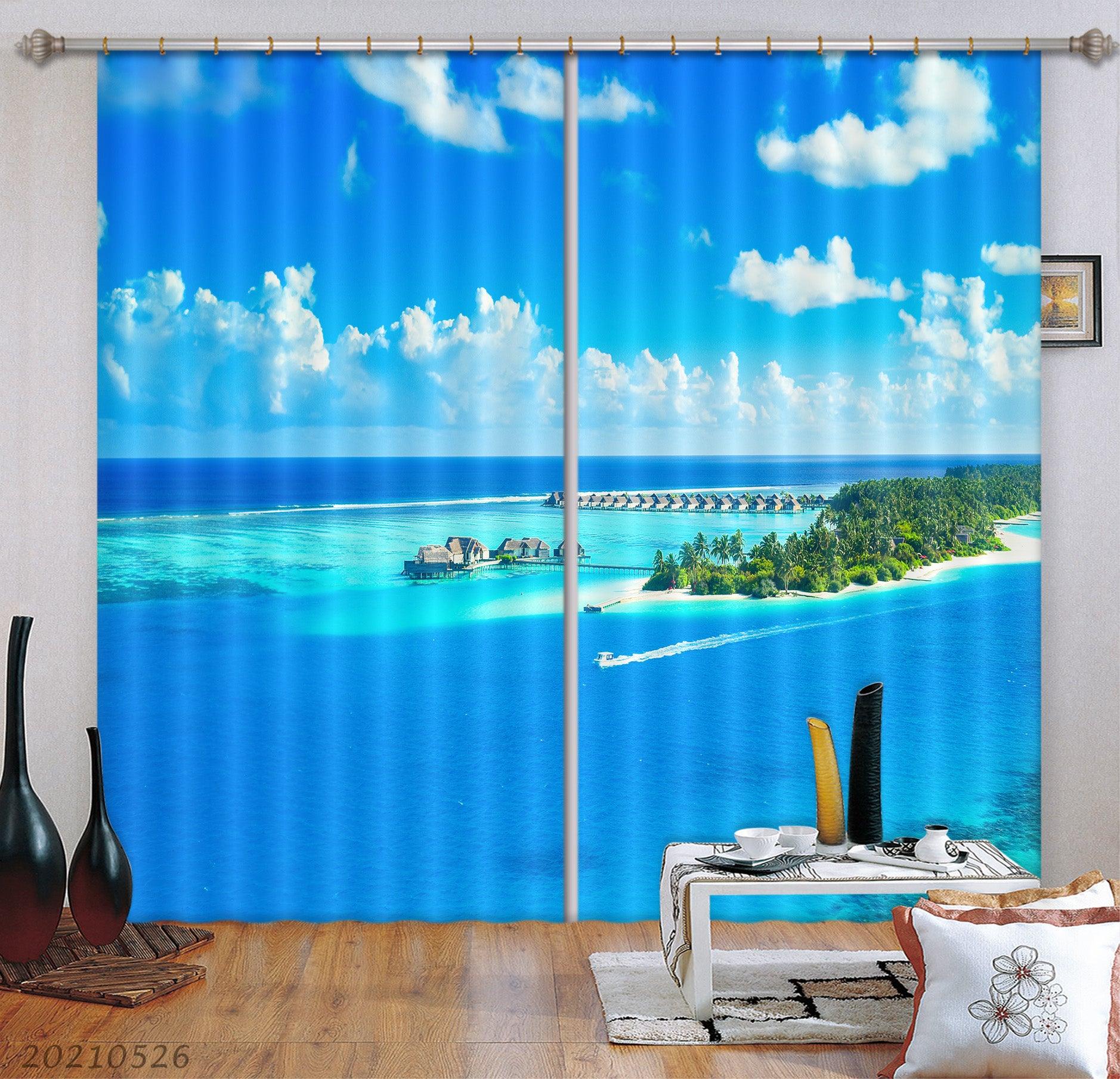 3D Ocean Island Holiday Home Woods Curtains and Drapes GD 492- Jess Art Decoration