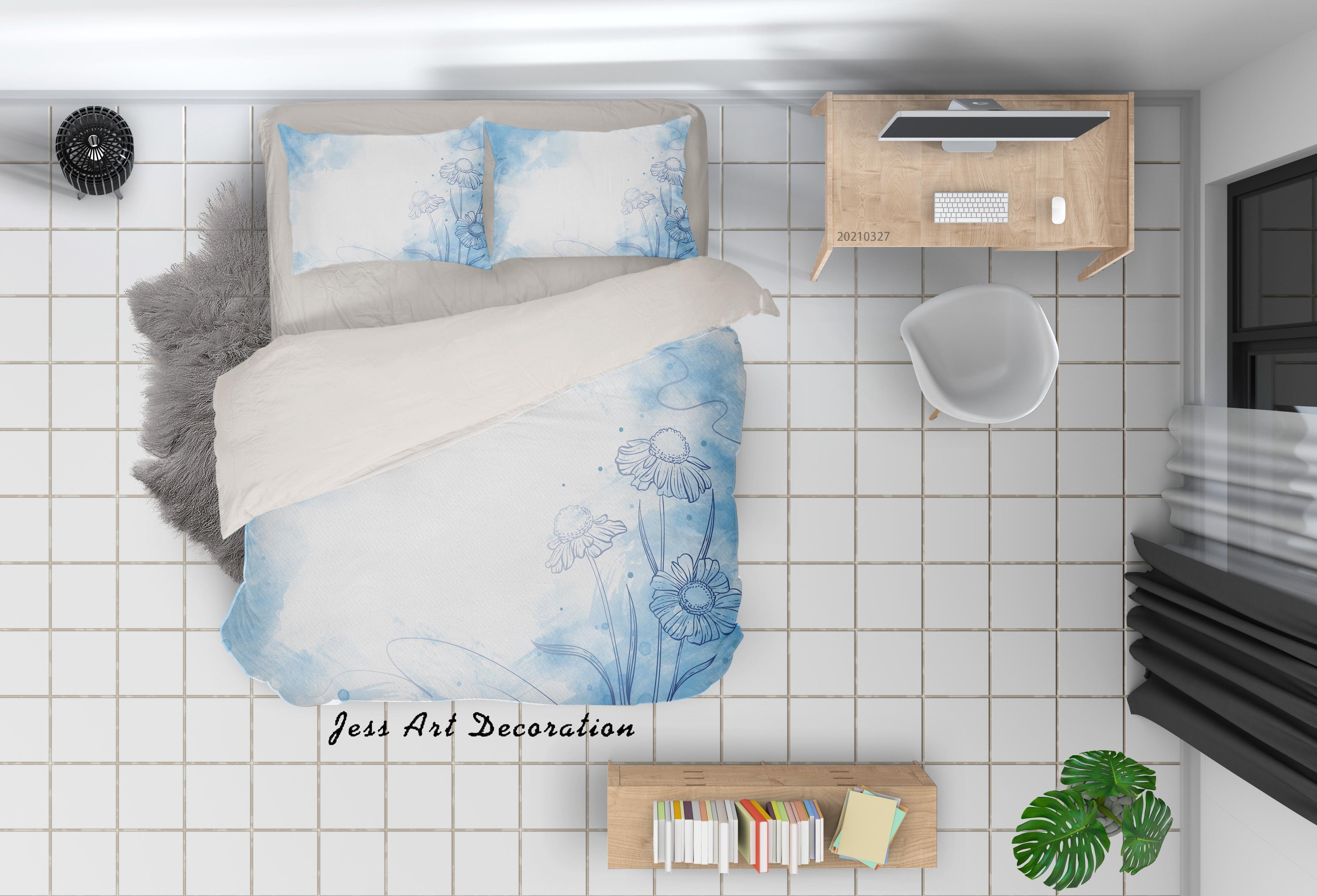 3D Watercolor Blue Floral Pattern Quilt Cover Set Bedding Set Duvet Cover Pillowcases 309- Jess Art Decoration