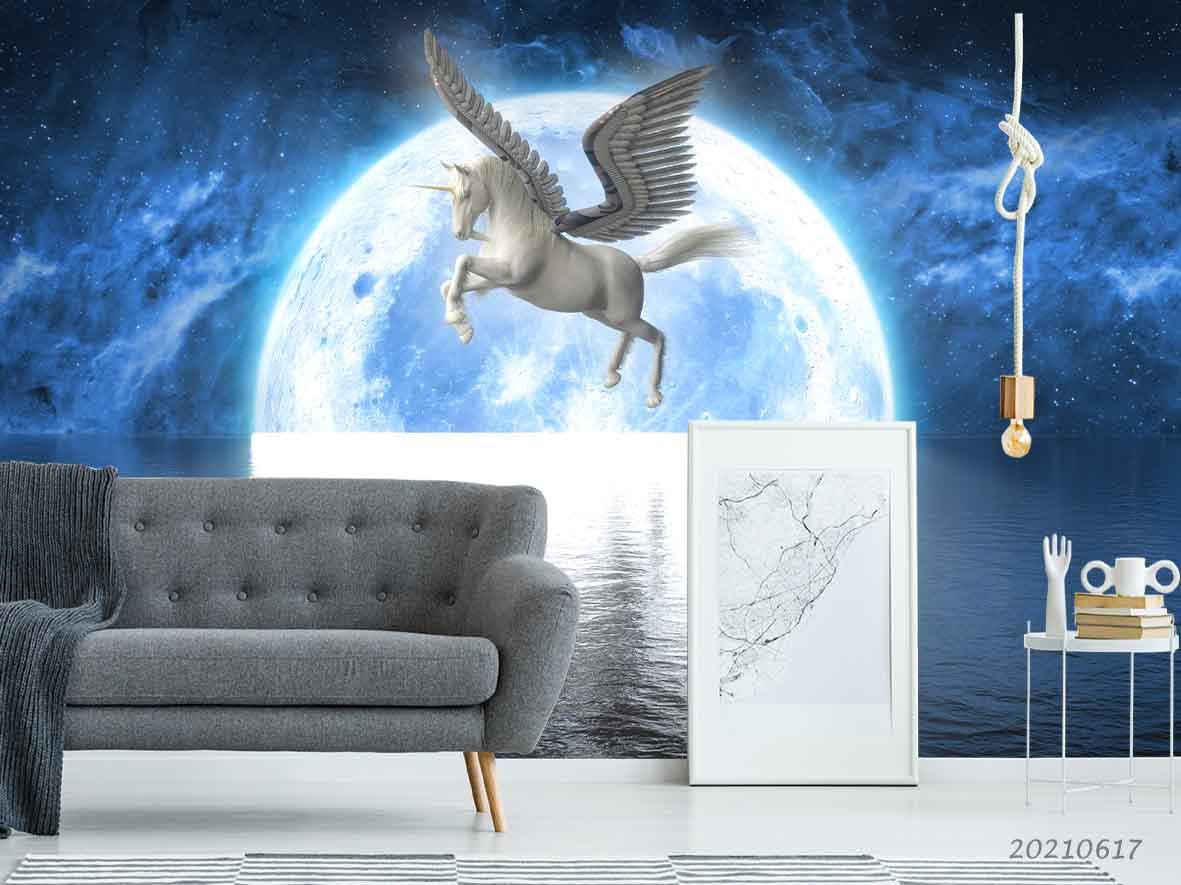 3D Moon Night Sea Pegasus Wall Mural Wallpaper LQH 134- Jess Art Decoration