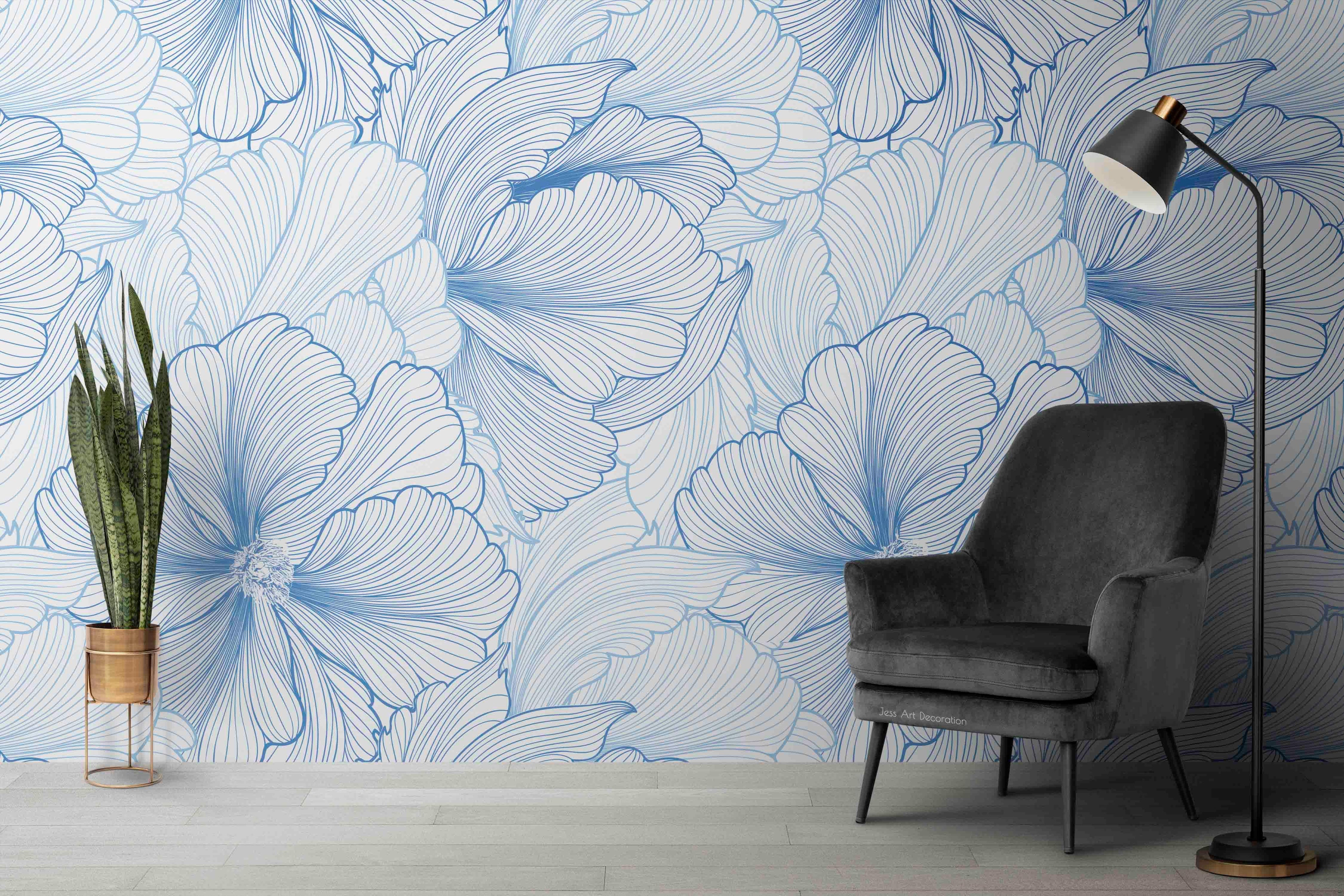 3D Blue Line Leaf Pattern Wall Mural Wallpaper GD 3025- Jess Art Decoration