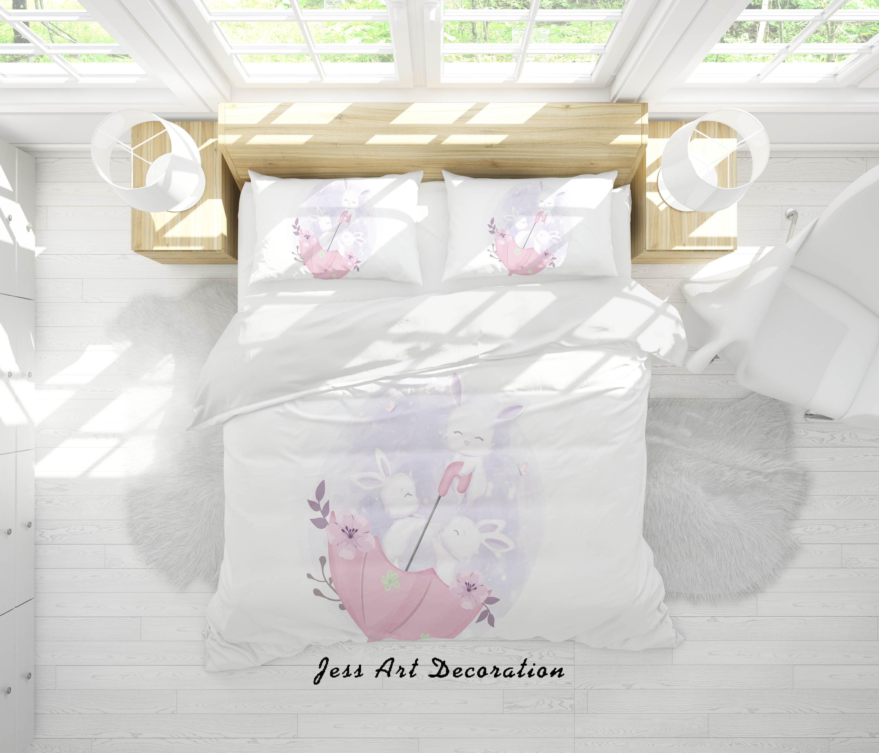 3D White Rabbit Umbrella Quilt Cover Set Bedding Set Duvet Cover Pillowcases SF09- Jess Art Decoration