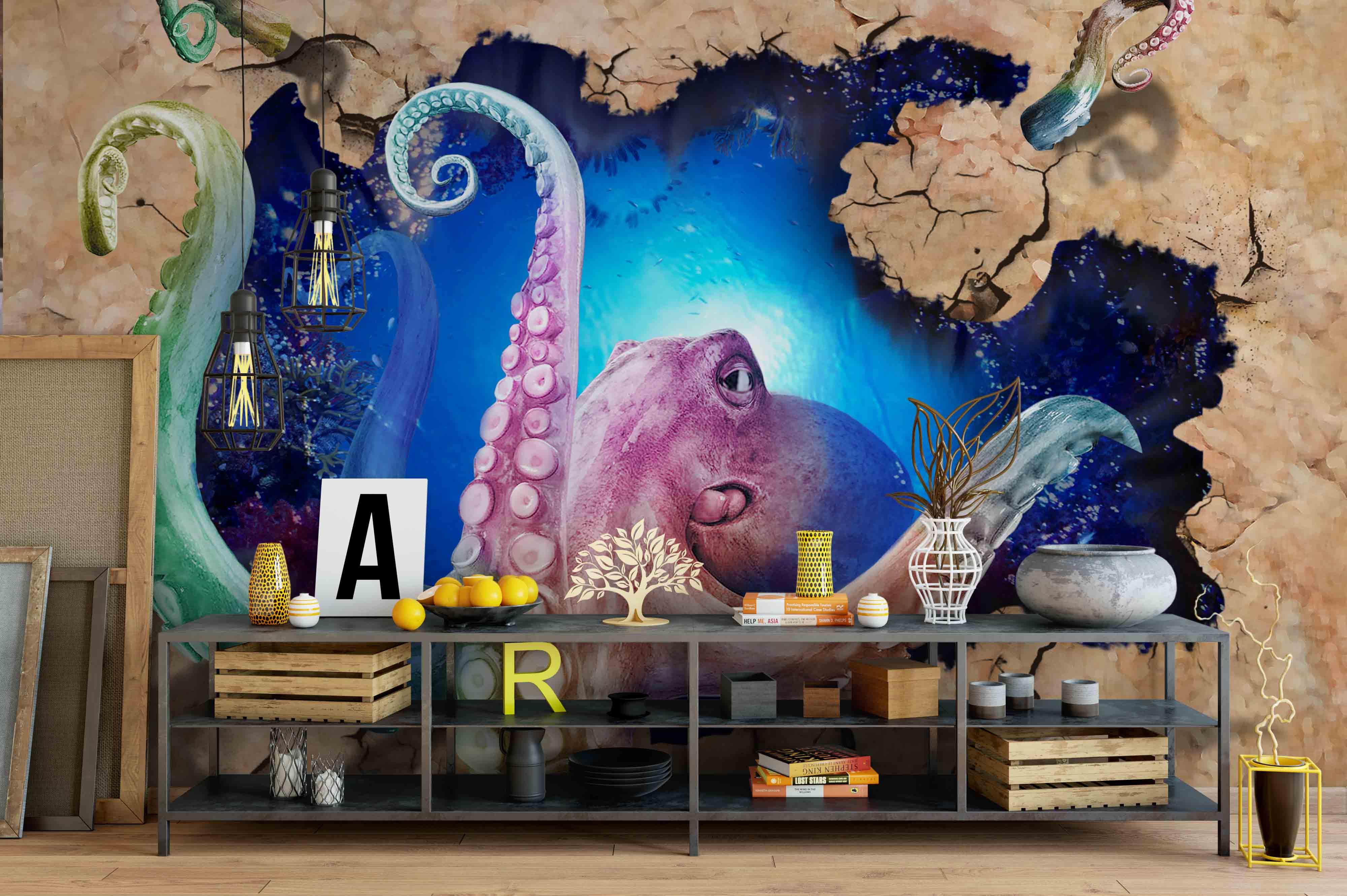 3D Sea Damage Squid Wall Mural Wallpaper 236- Jess Art Decoration
