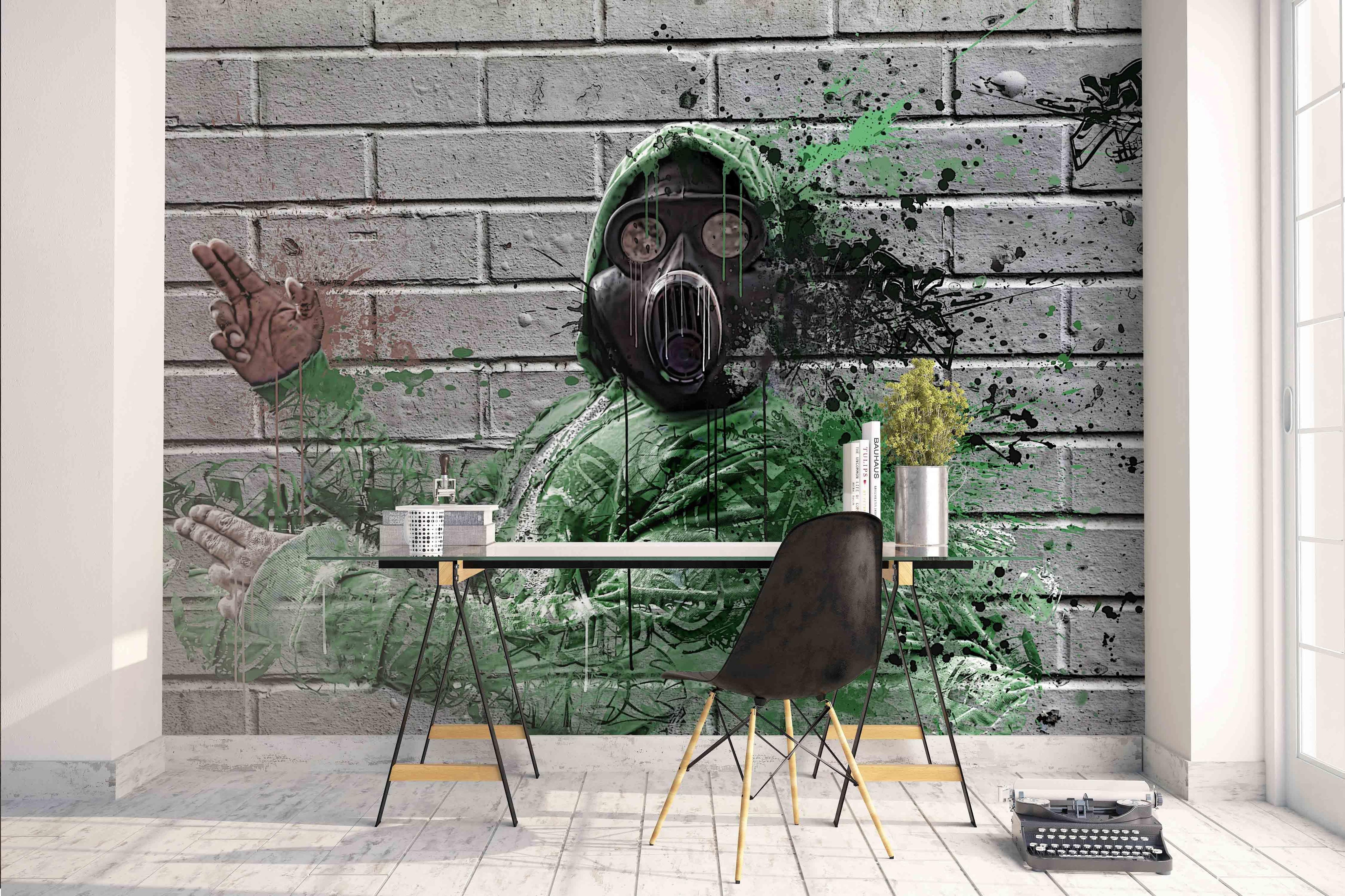 3D Grey Brick Gas Mask Graffiti Wall Mural Wallpaper 184- Jess Art Decoration