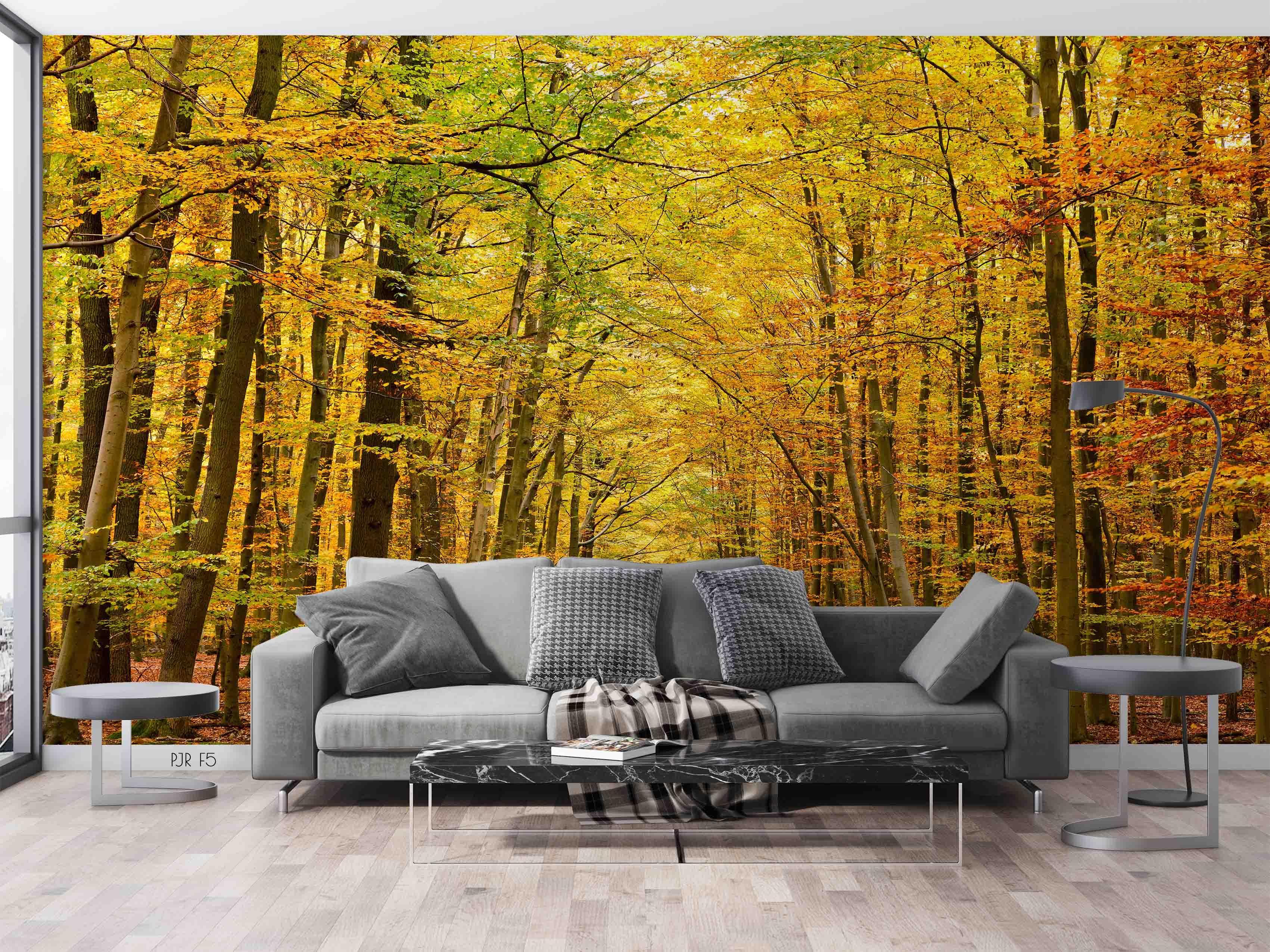 3D Golden Autumn Forest golden autumn forest path wall mural wallpaper for living room - view 3