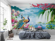 3D Peacock Waterfall Garden peacock waterfall nature scene wall mural wallpaper for living room - view 3