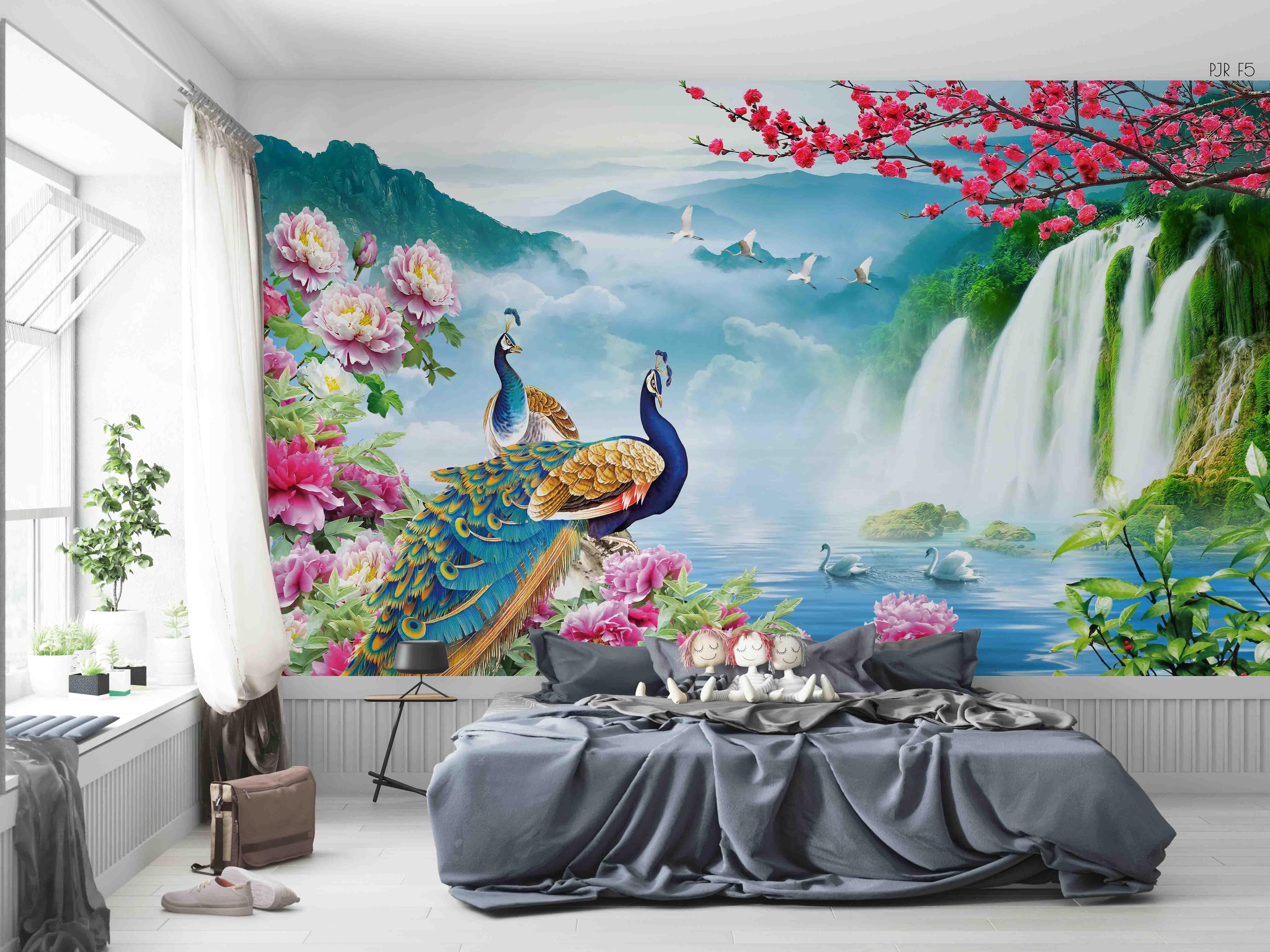 3D Peacock Waterfall Garden peacock waterfall nature scene wall mural wallpaper for living room - view 3