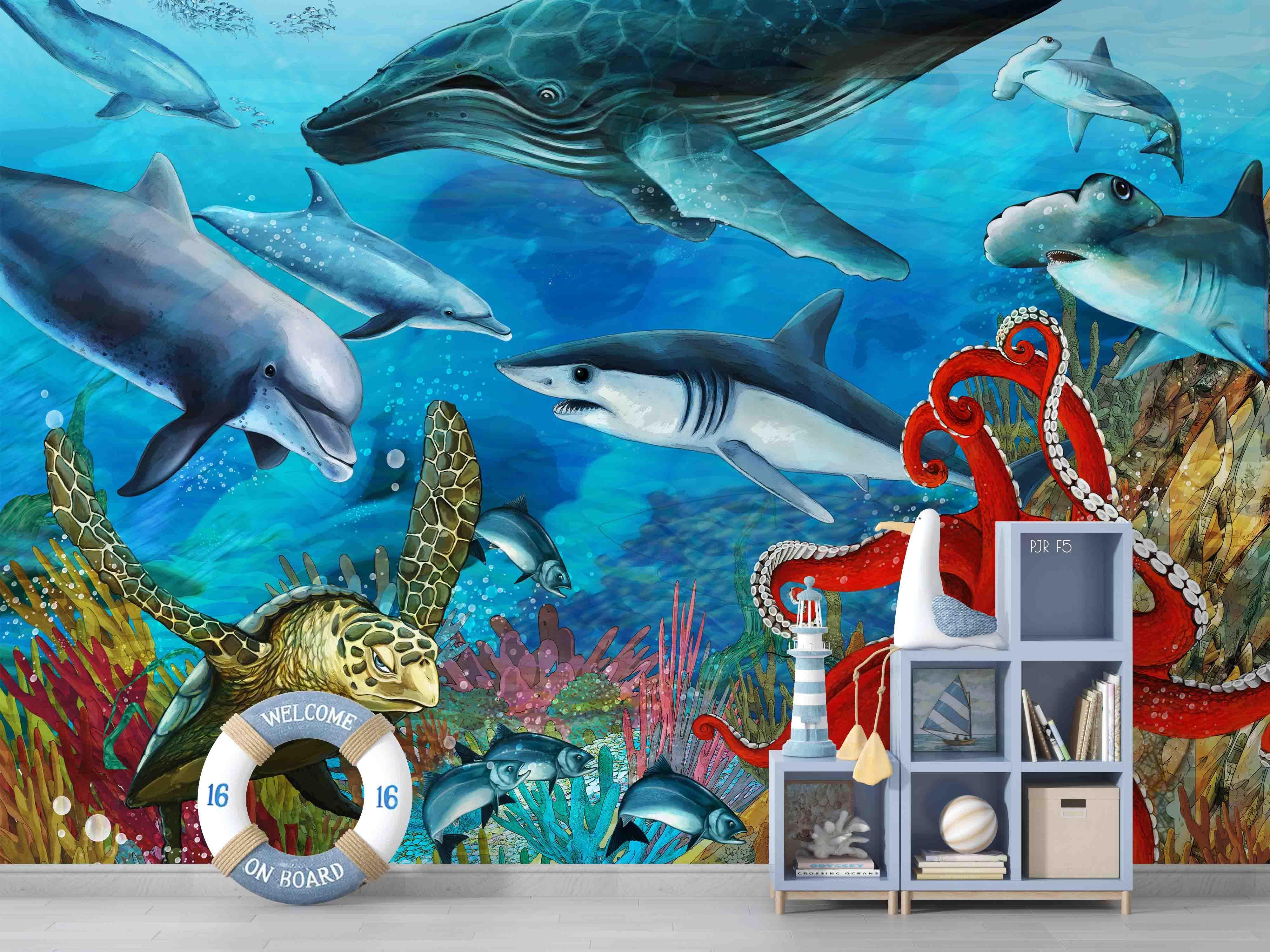 3D Shark Sea Fish underwater shark sea life mural wall mural wallpaper for kids room - view 4