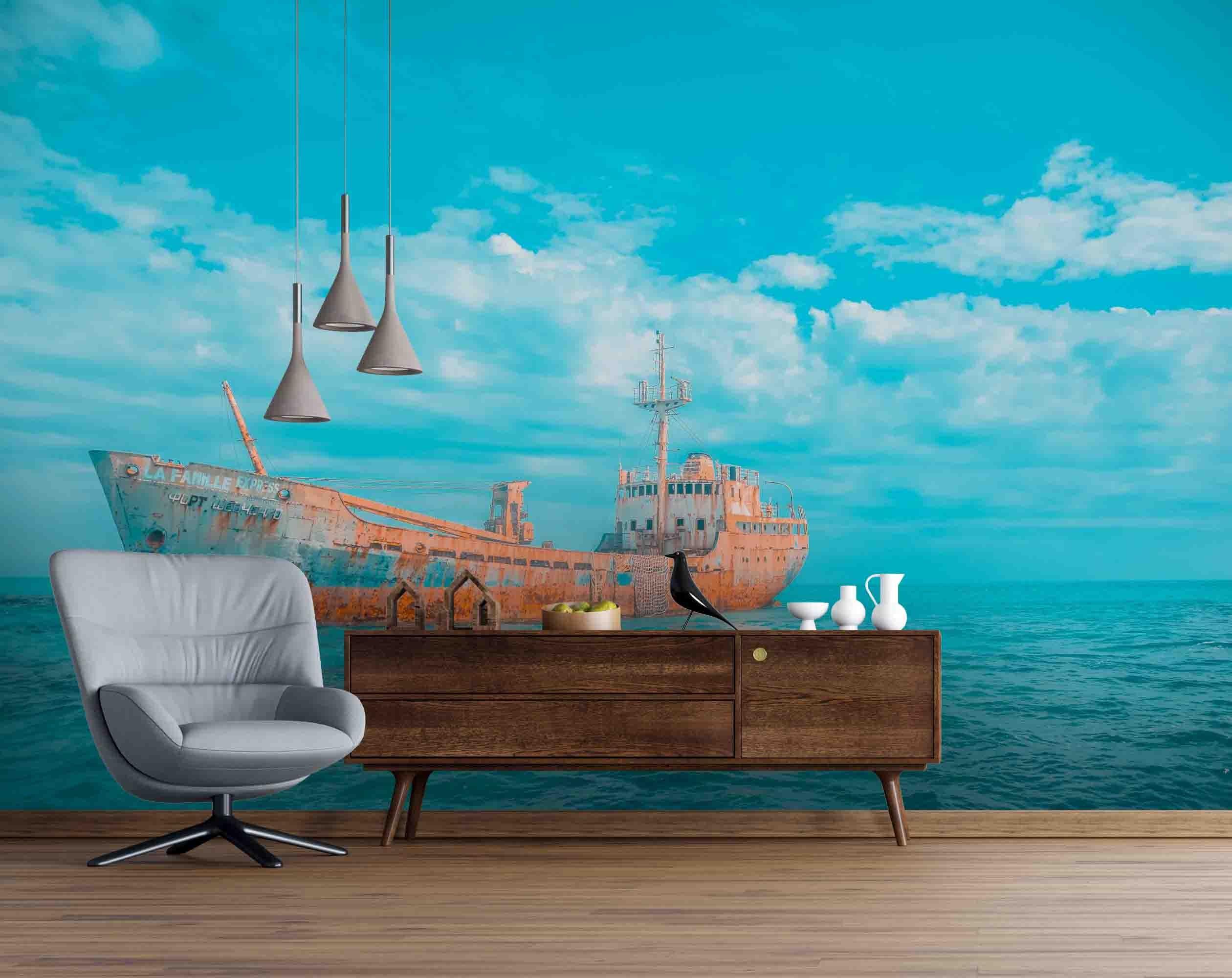 3D Blue Sea Old Boat Wall Mural Wallpa  47- Jess Art Decoration