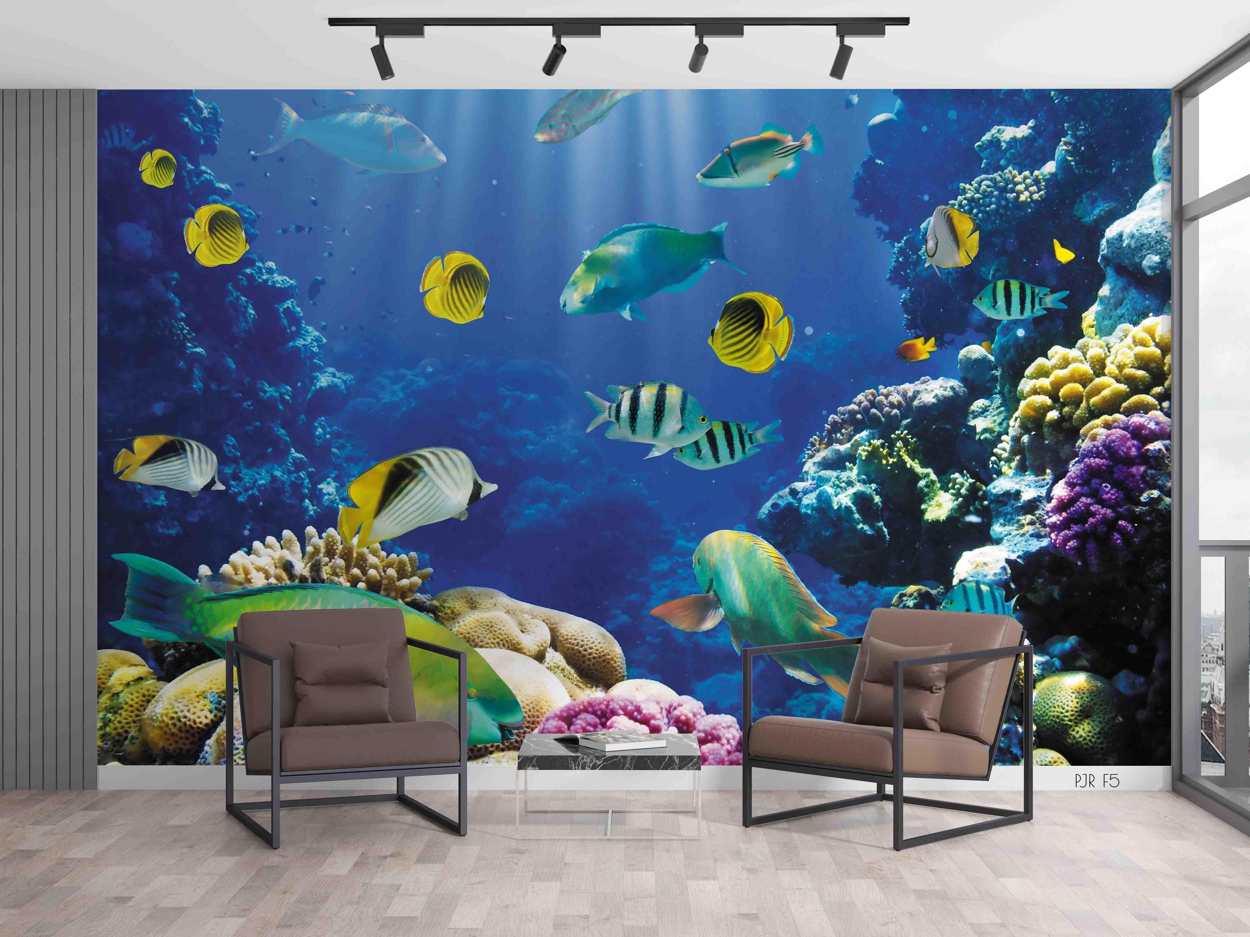3D Underwater Fish Reef colourful coral reef fish scene wall mural wallpaper for kids room - view 4