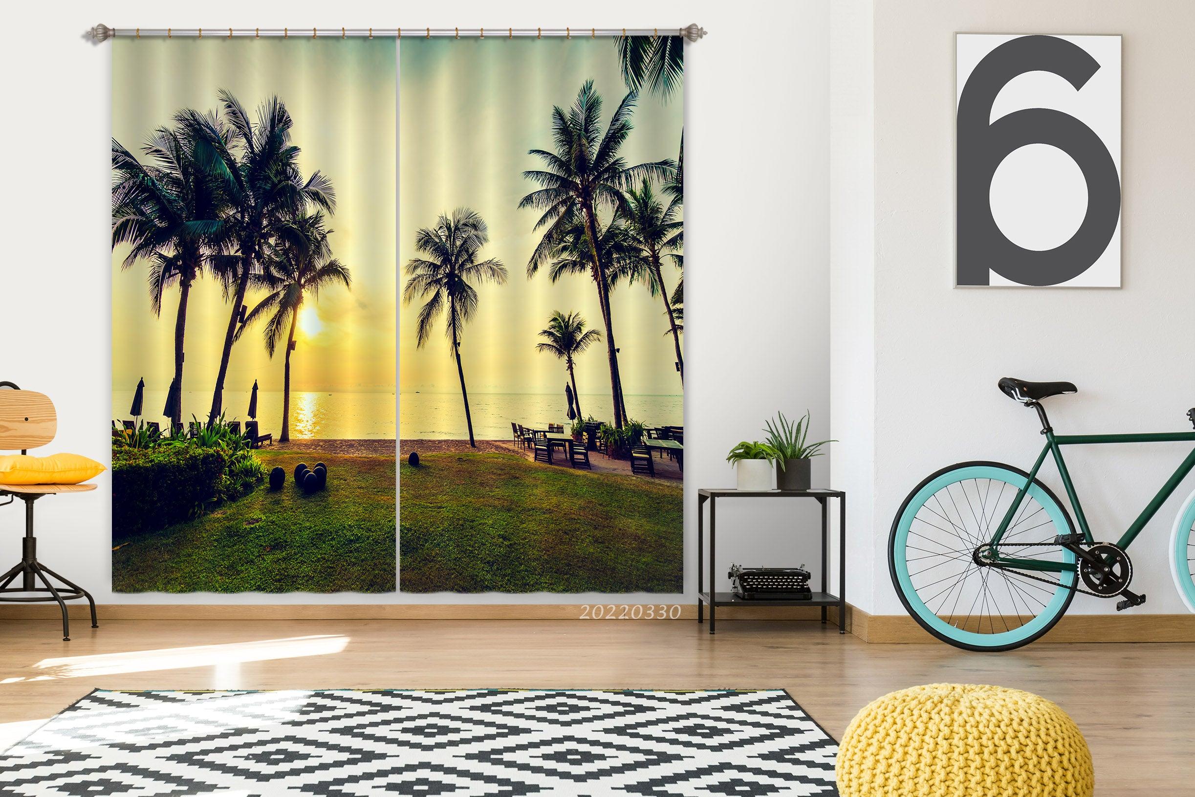 3D Coconut Palm Tree Beach Sea Sunset Curtains and Drapes GD 3759- Jess Art Decoration