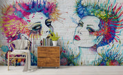 3D White Brick Graffiti Faces colourful graffiti face mural wall mural wallpaper for living room - view 2