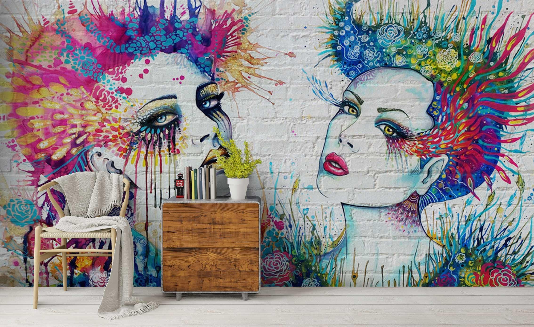 3D White Brick Graffiti Faces colourful graffiti face mural wall mural wallpaper for living room - view 2