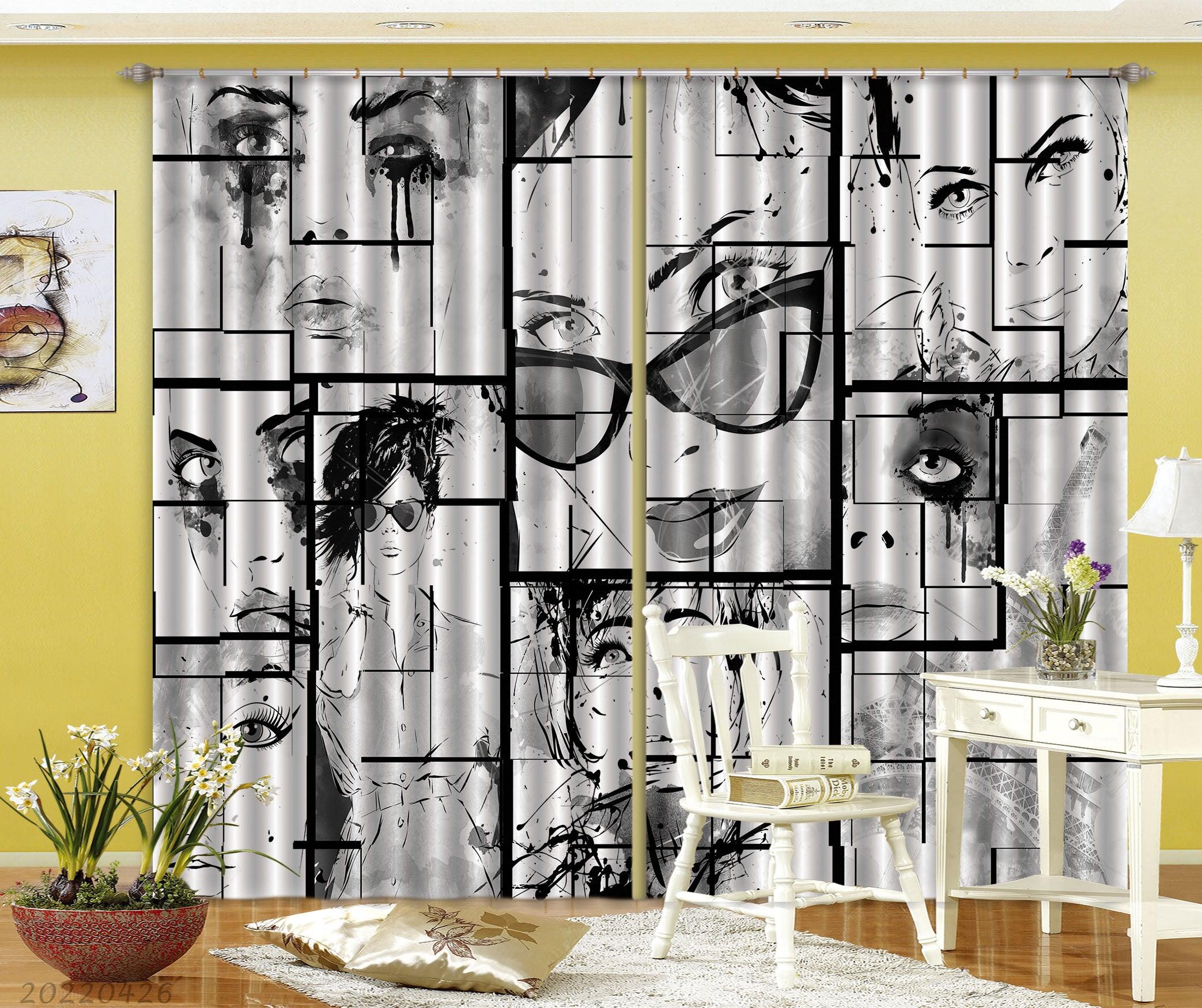 3D Abstract Artistic Doodle Female Face Curtains and Drapes GD 4919- Jess Art Decoration