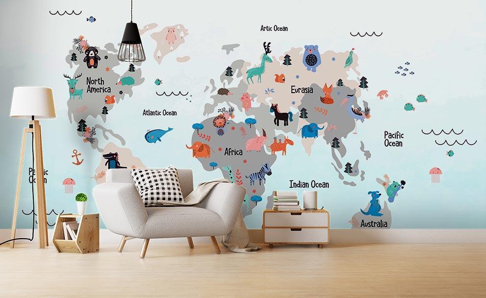 3D Cartoon Animal World Map Wall Mural Wallpaper SF94- Jess Art Decoration