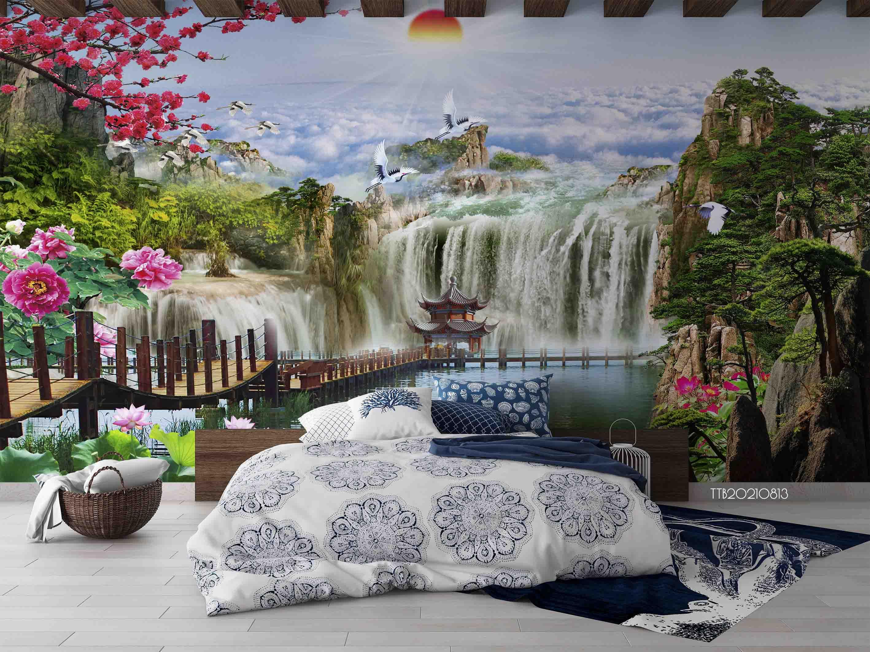 3D Chinese Style Landscape Painting Waterfall Wall Mural WallpaperSWW5100- Jess Art Decoration