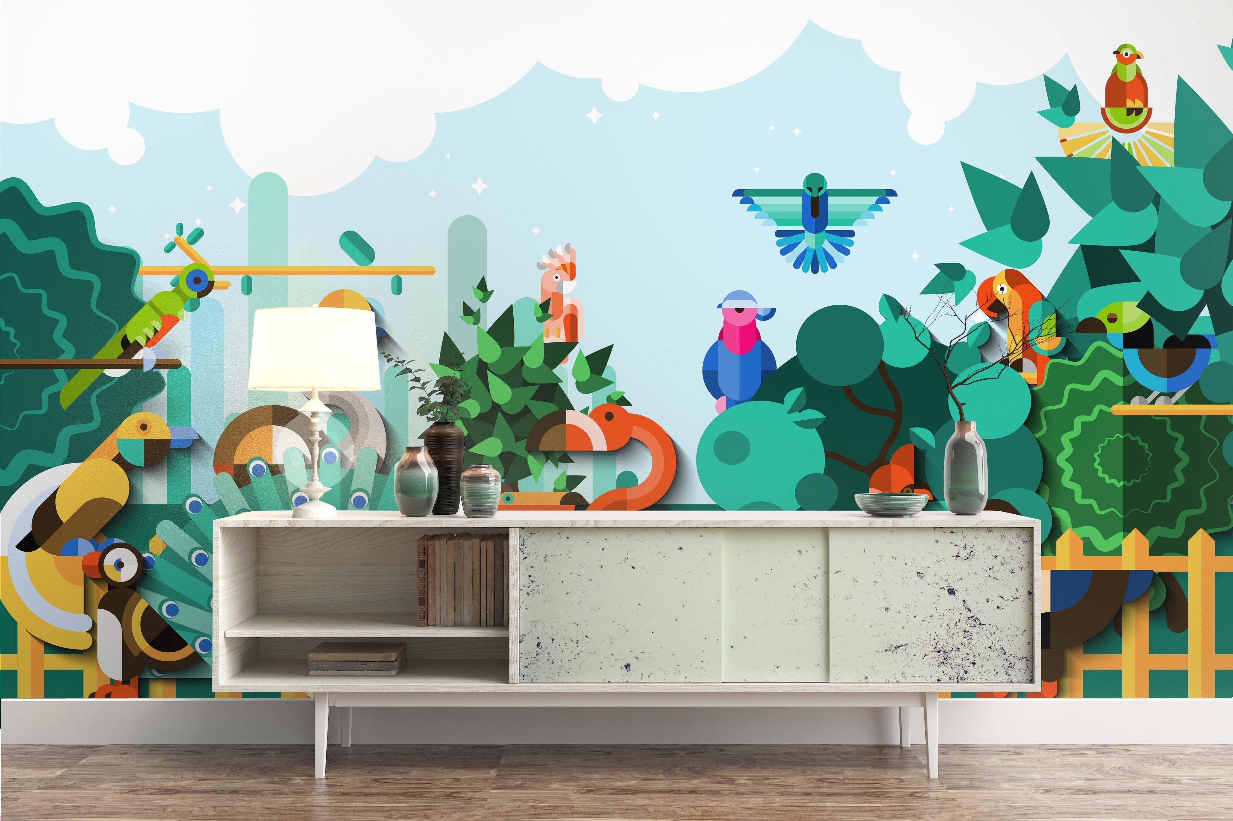 3D Abstract Green Forest Animals Wall Mural Wallpaper 43- Jess Art Decoration