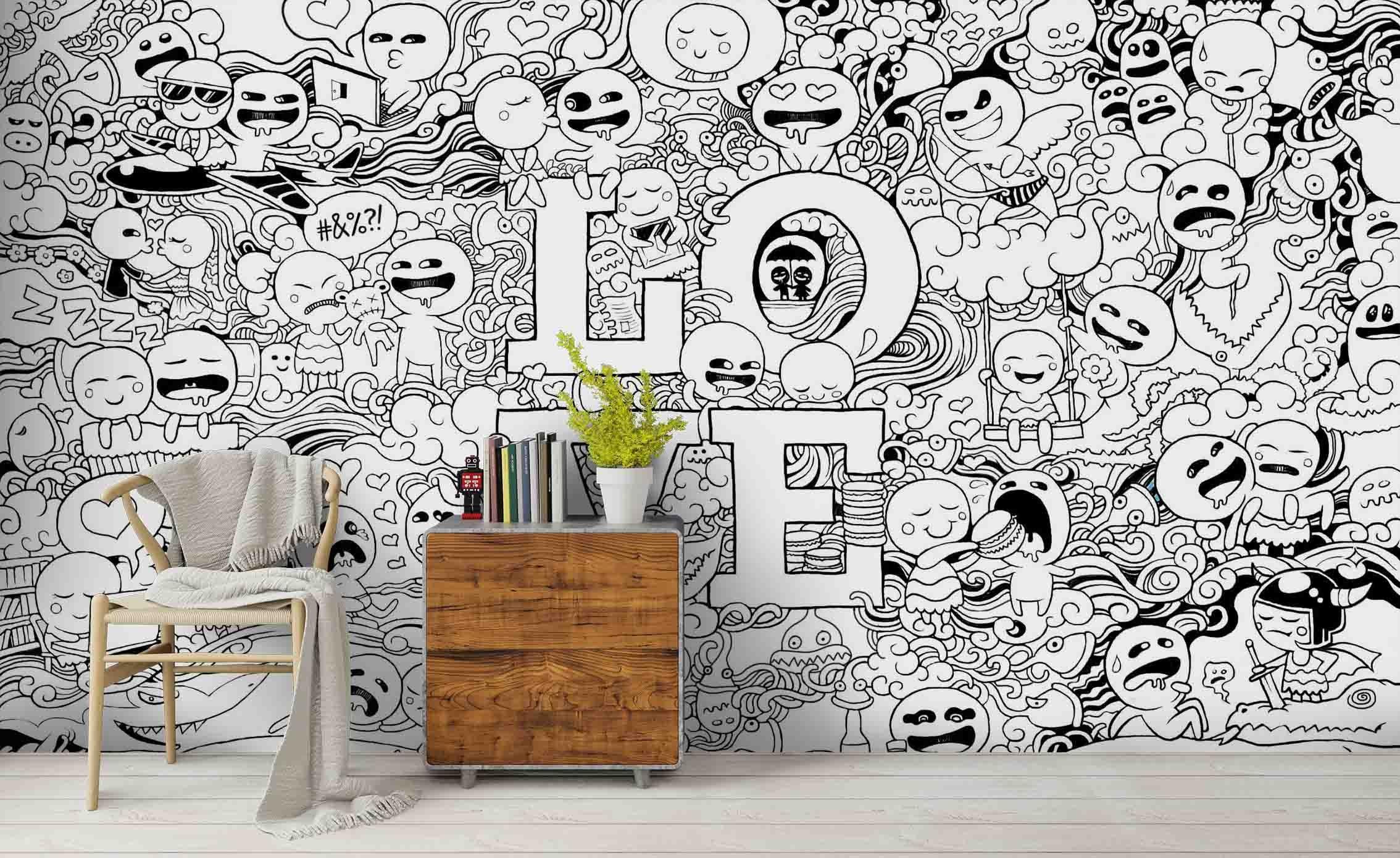 3D Black White Graffiti Art Cartoon Character Love Wall Mural Wallpaper ZY D20- Jess Art Decoration