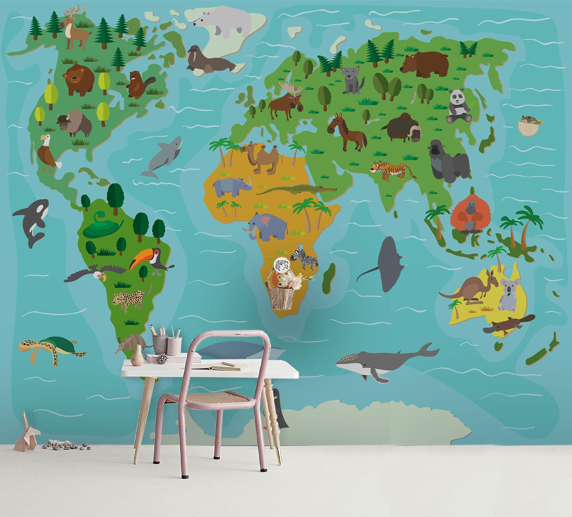 3D Green Animals World Map Wall Mural Wallpaper 39- Jess Art Decoration