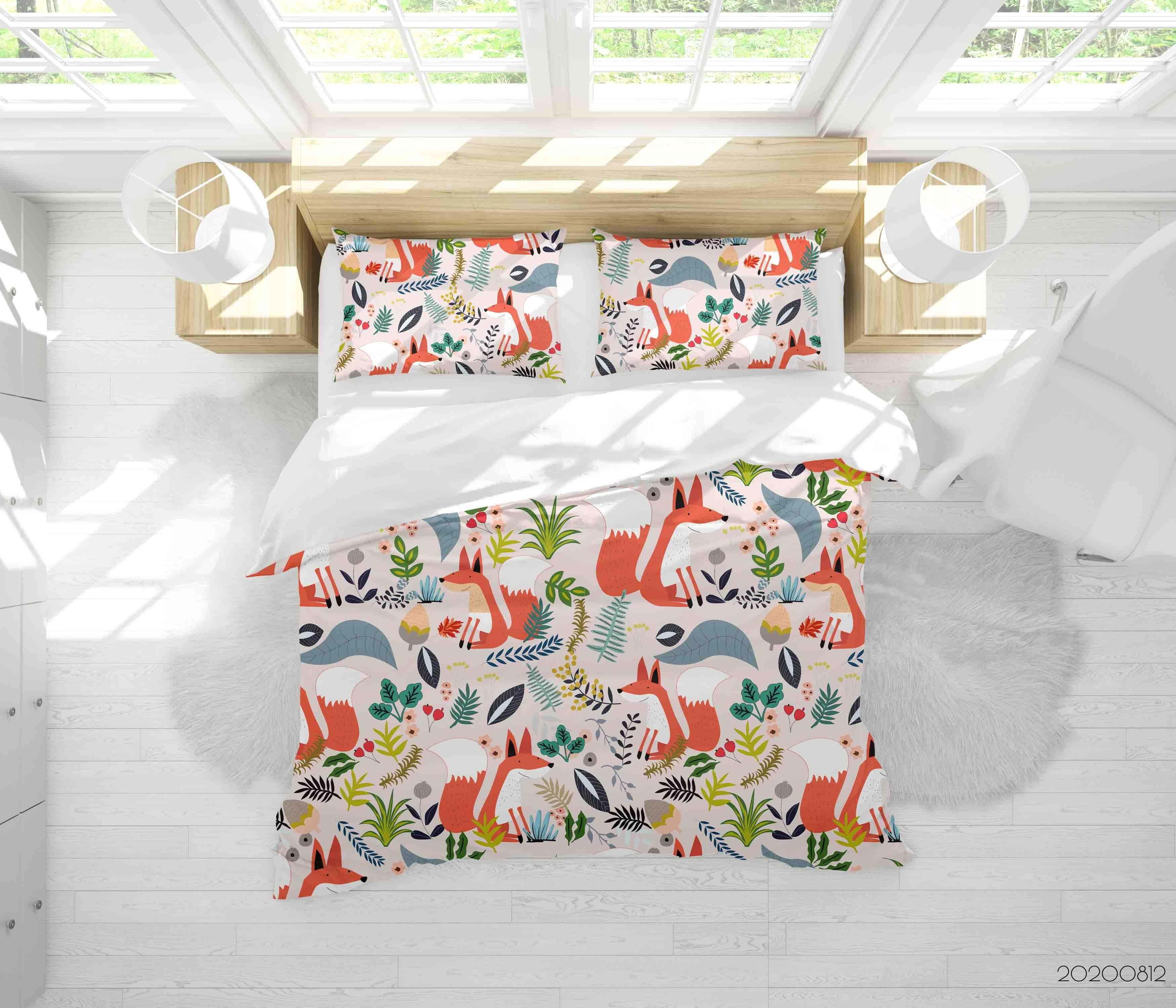 3D Hand Drawn Floral Plant Fox Animal Quilt Cover Set Bedding Set Duvet Cover Pillowcases LXL- Jess Art Decoration