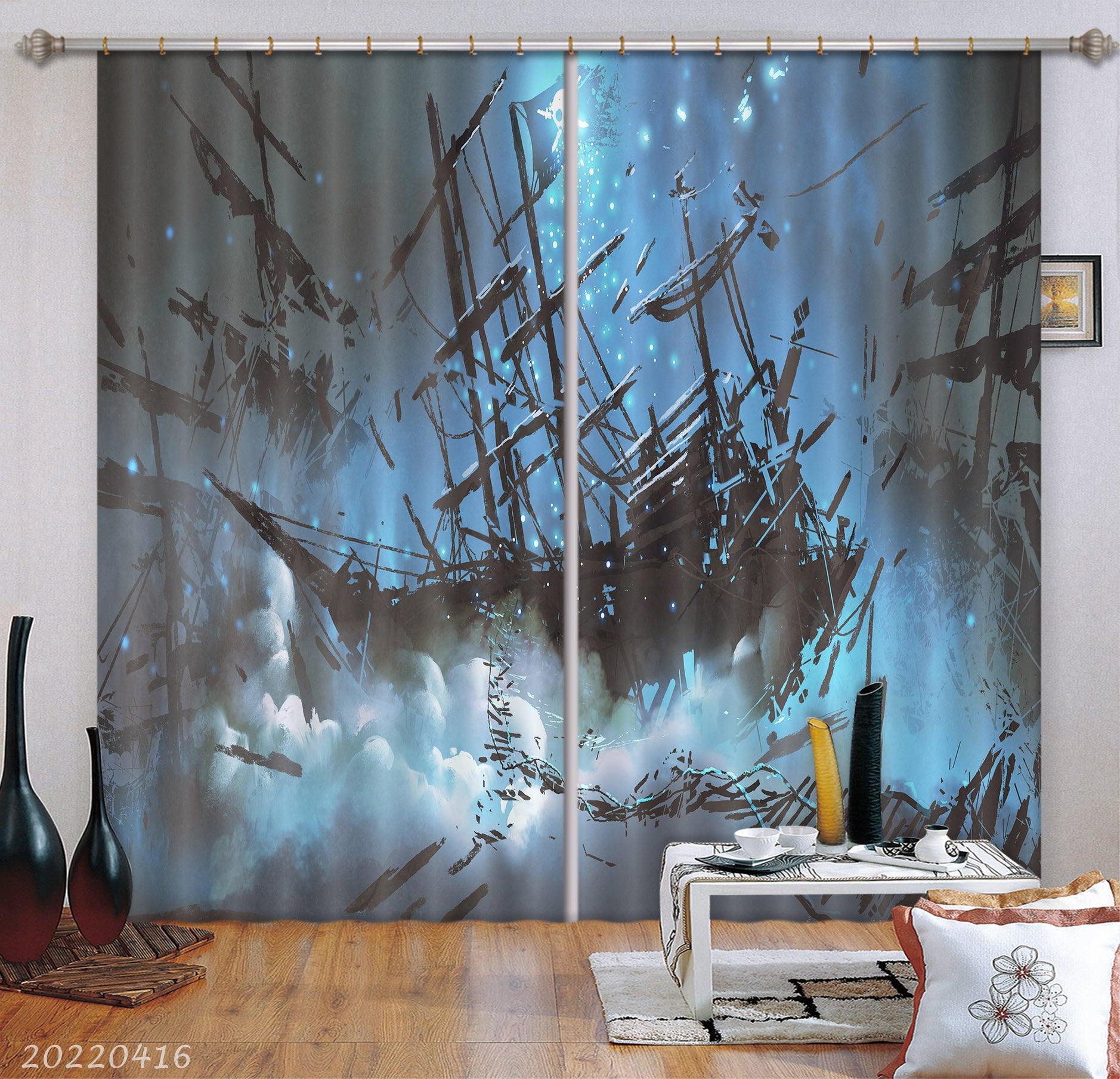 3D Ship Pirate Skull Flag Night Sky Art Illustration Curtains and Drapes GD 4599- Jess Art Decoration