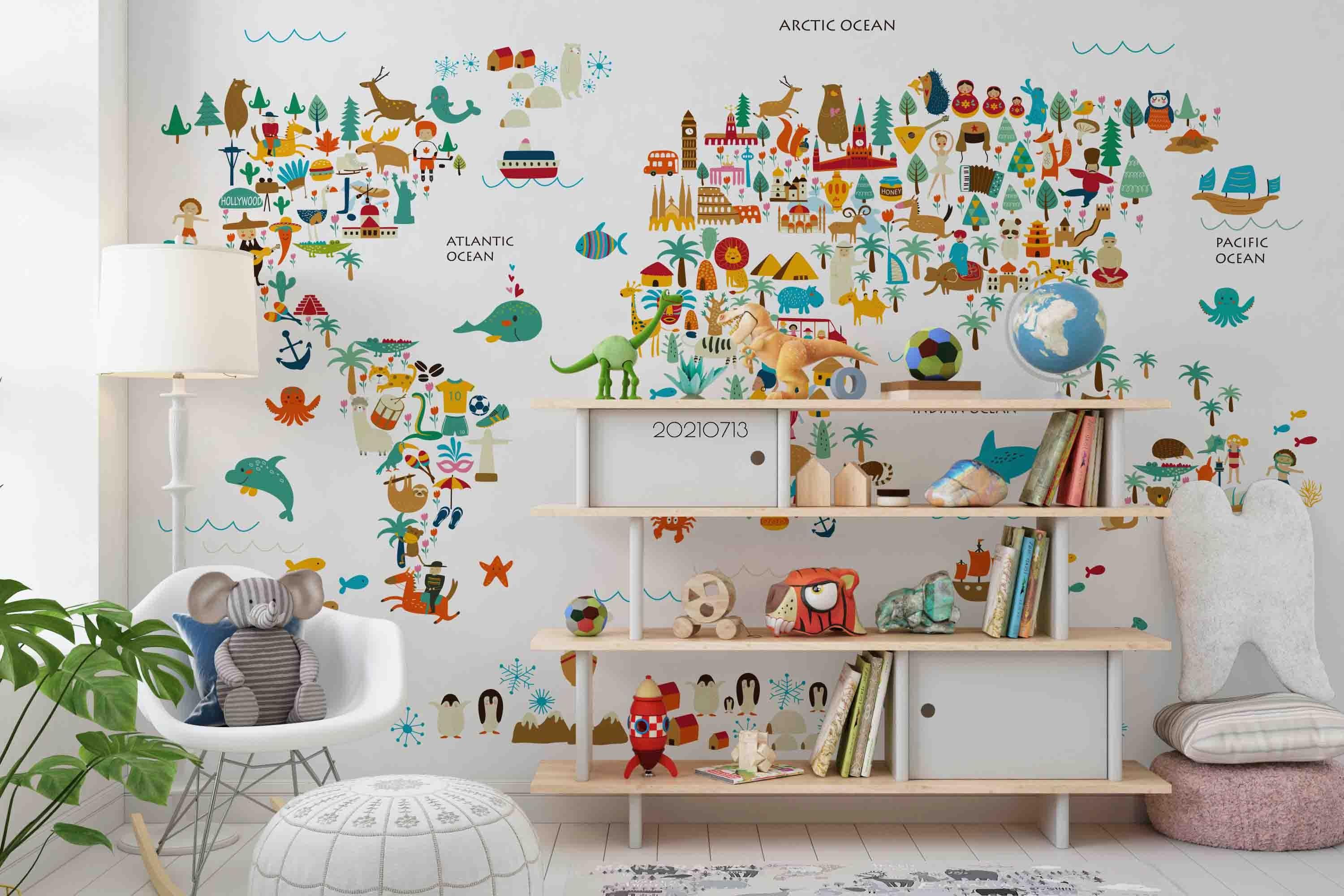 3D Cartoon World Map Animals Wall Mural Wallpaper LQH 200- Jess Art Decoration