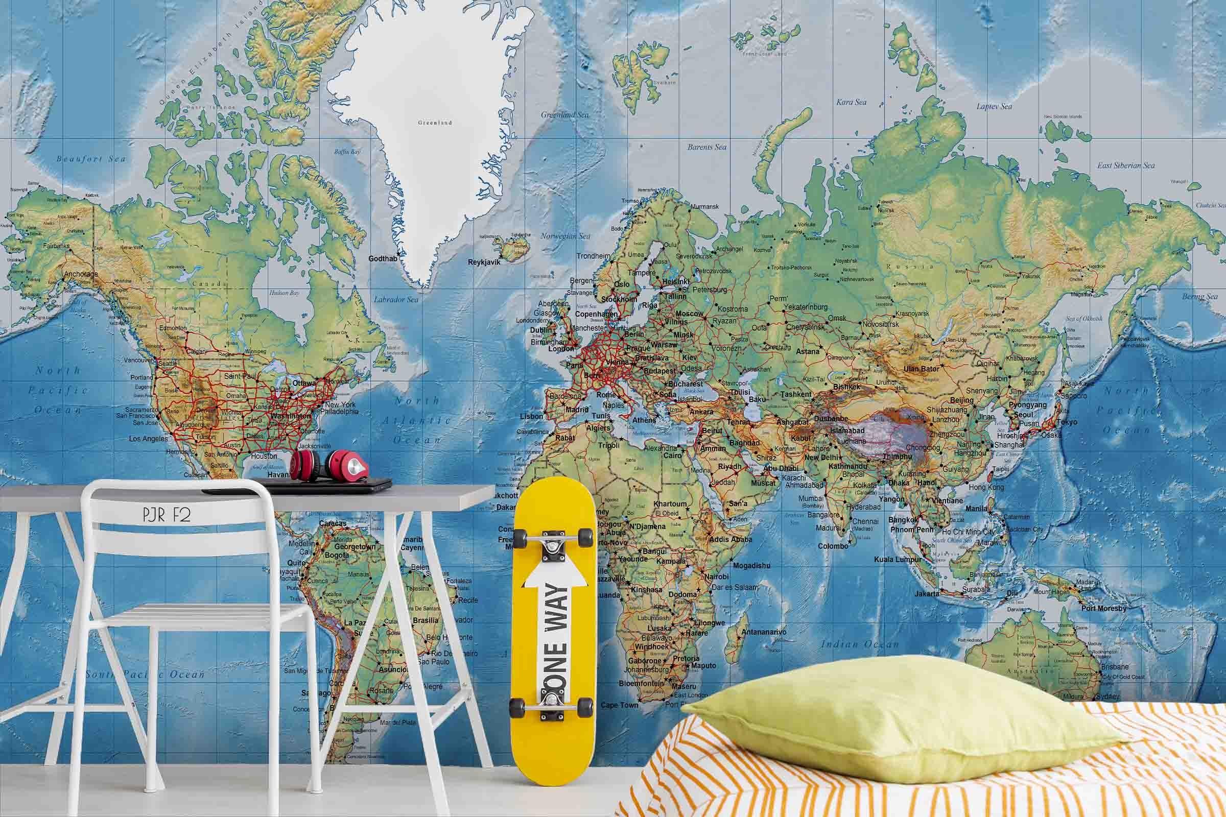 3D Colourful World Map Wall Mural Wallpaper WJ 2112- Jess Art Decoration