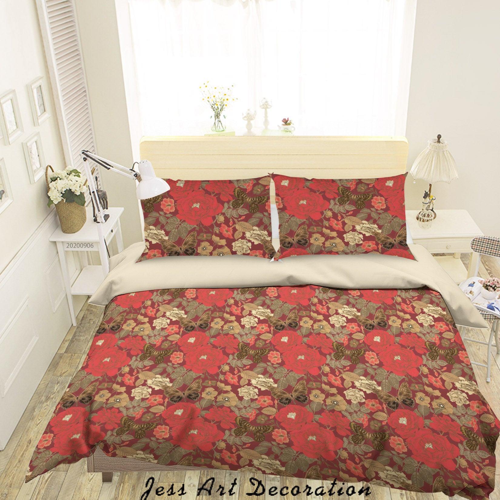 3D Vintage Leaves Red Floral Pattern Quilt Cover Set Bedding Set Duvet Cover Pillowcases WJ 3645- Jess Art Decoration