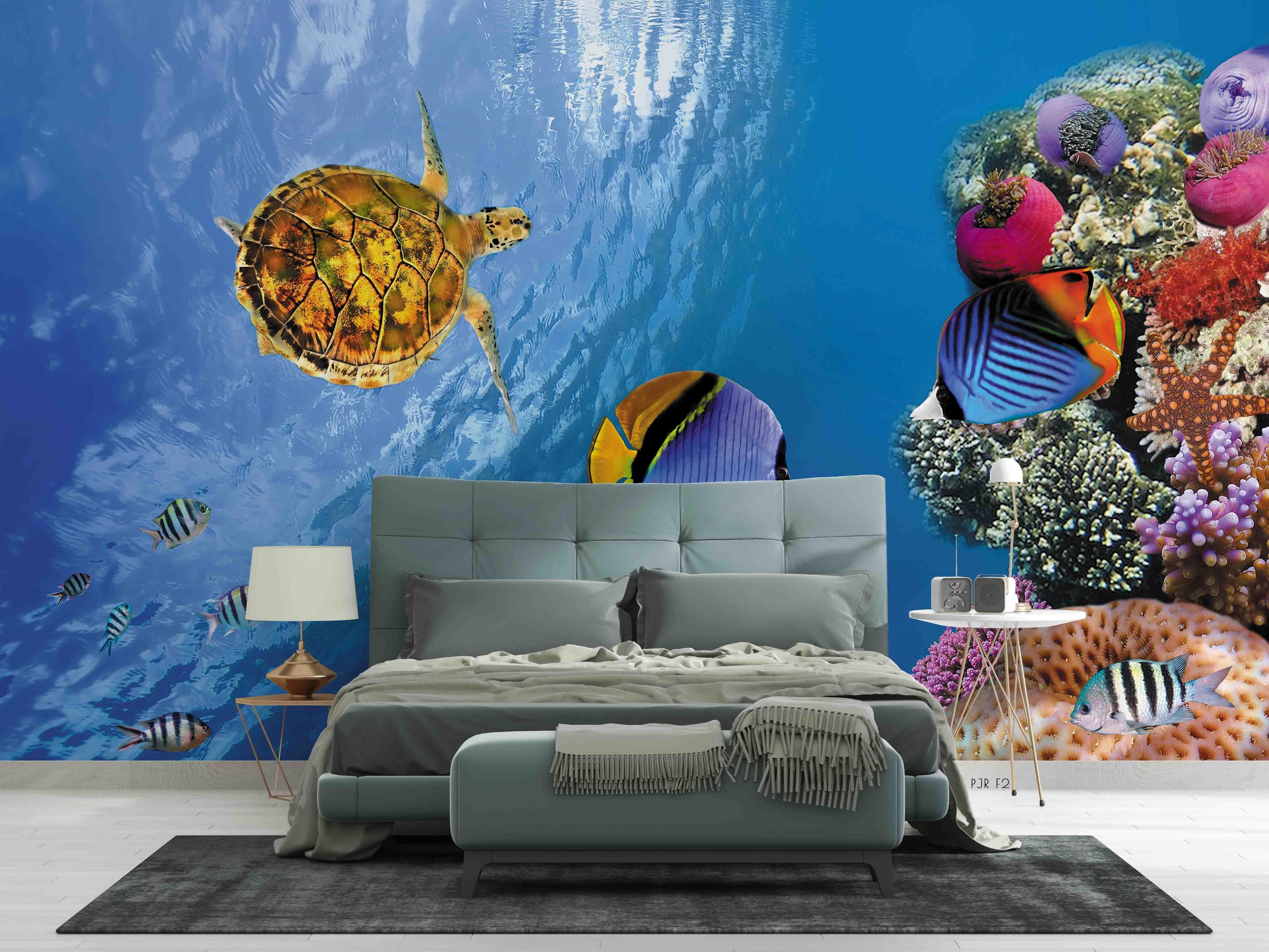 3D Turtle Clownfish Reef sea turtle clownfish reef mural wall mural wallpaper for living room - view 2
