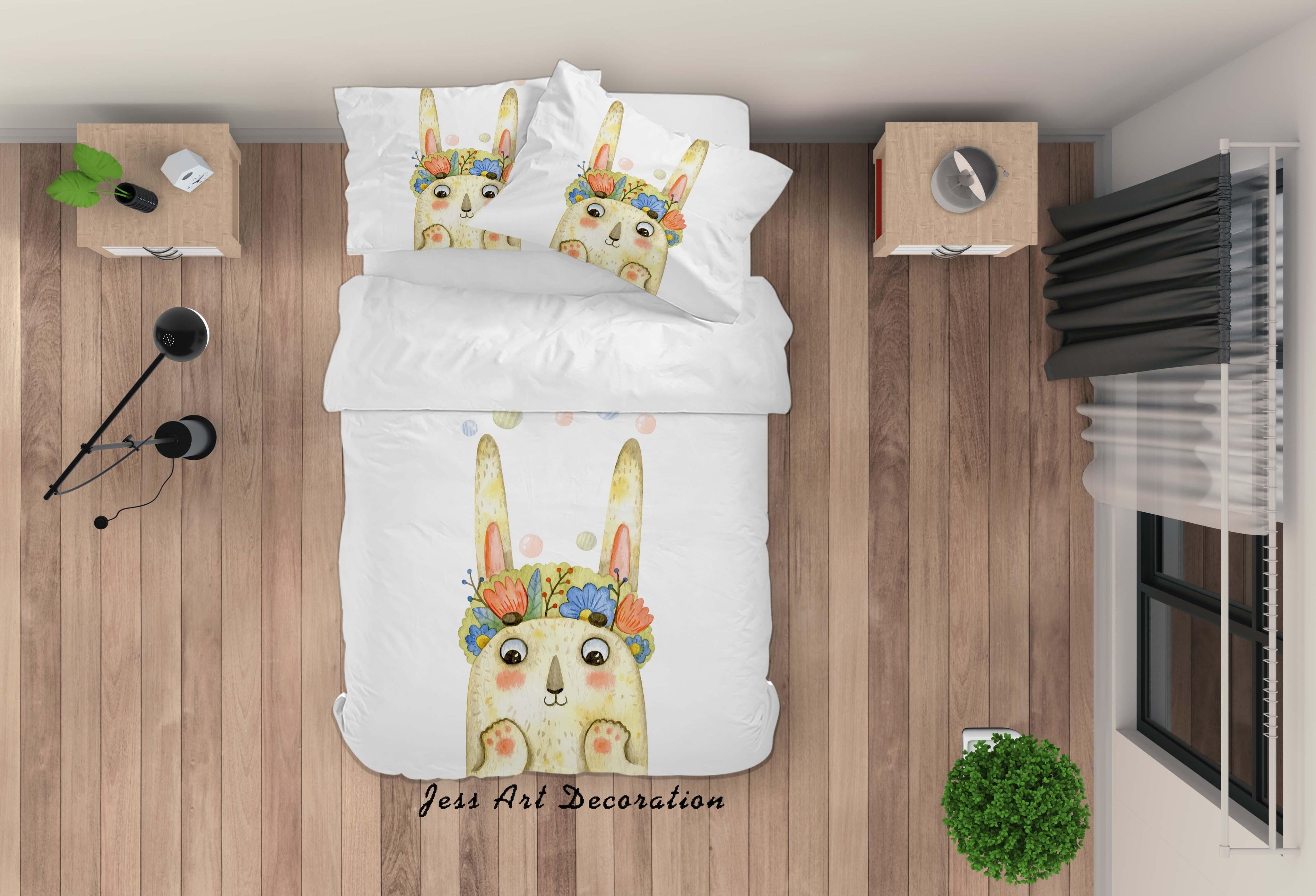3D White Cartoon Rabbit Floral Quilt Cover Set Bedding Set Duvet Cover Pillowcases SF92- Jess Art Decoration