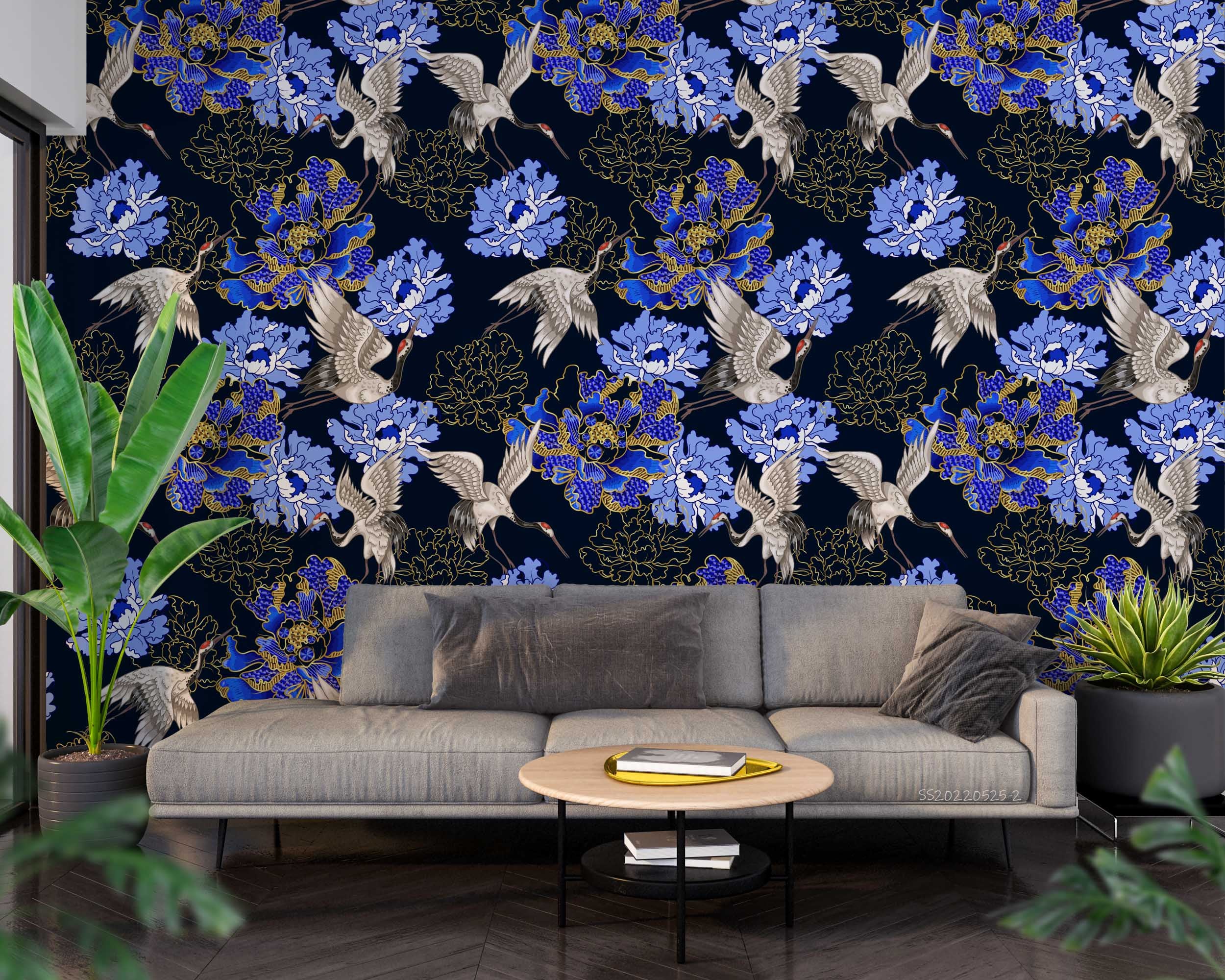 3D Vintage Blue Floral Crane Pattern Wall Mural Wallpaper GD 176- Jess Art Decoration