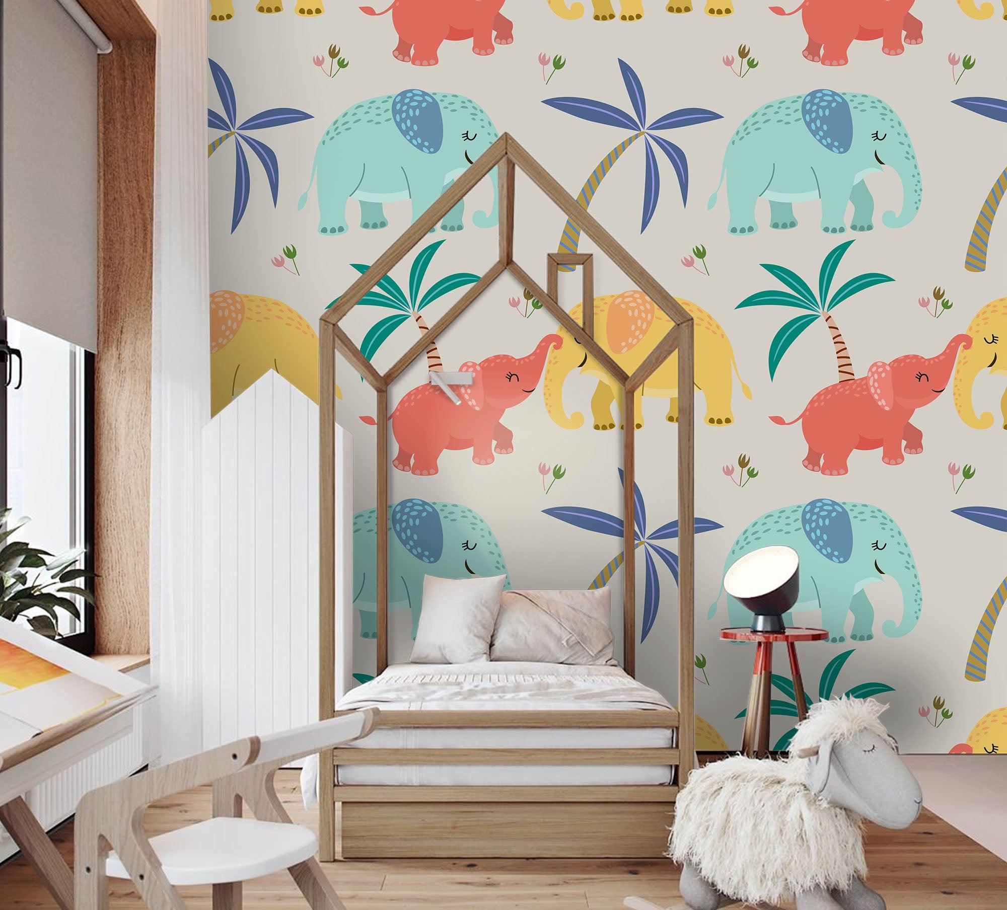 3D Cartoon Color Elephant Coconut Tree Wall Mural Wallpaper A192 LQH- Jess Art Decoration