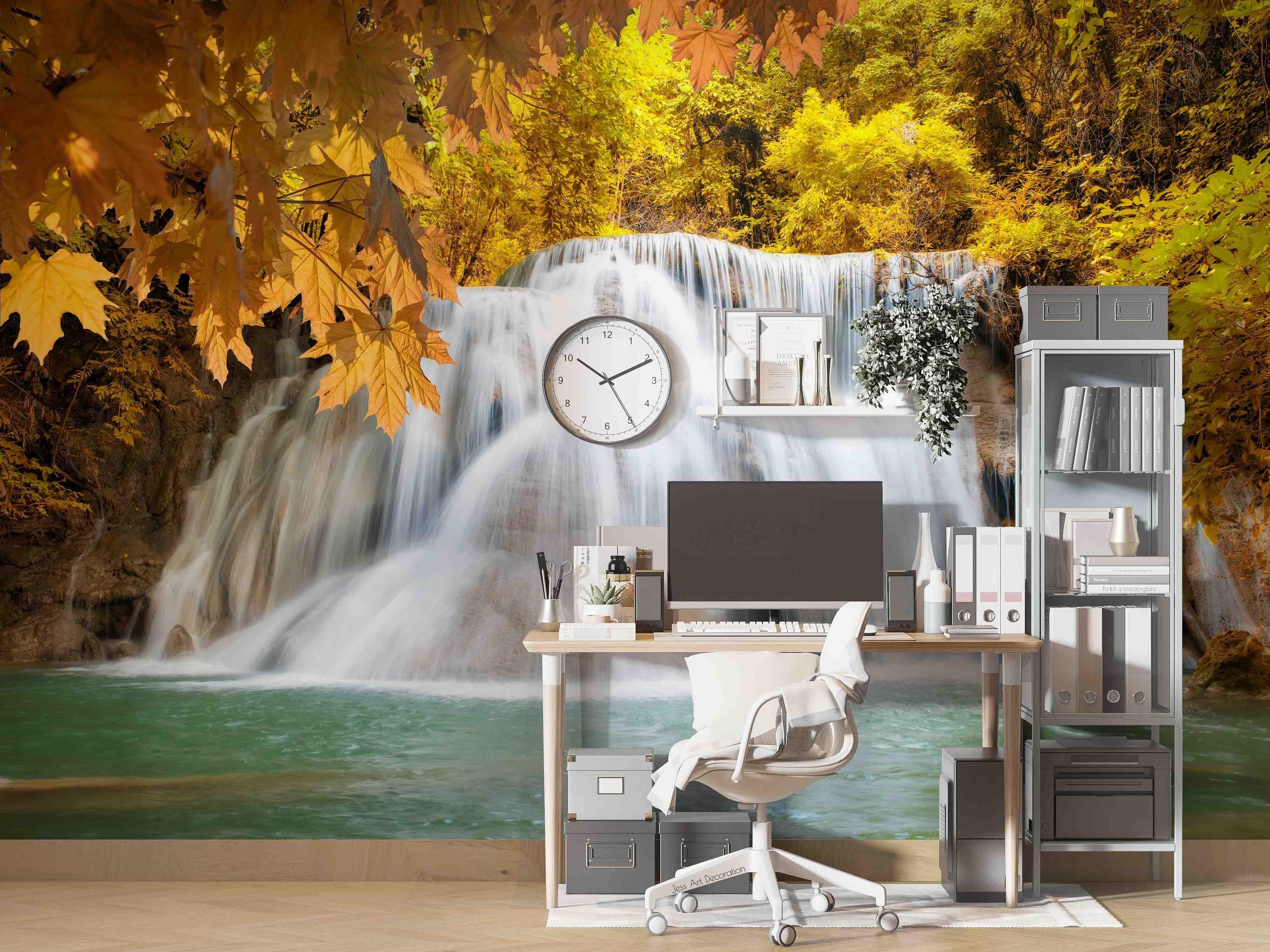 3D Waterfall Plant Maple Leaf Golden Landscape Wall Mural Wallpaper LLL 1792- Jess Art Decoration