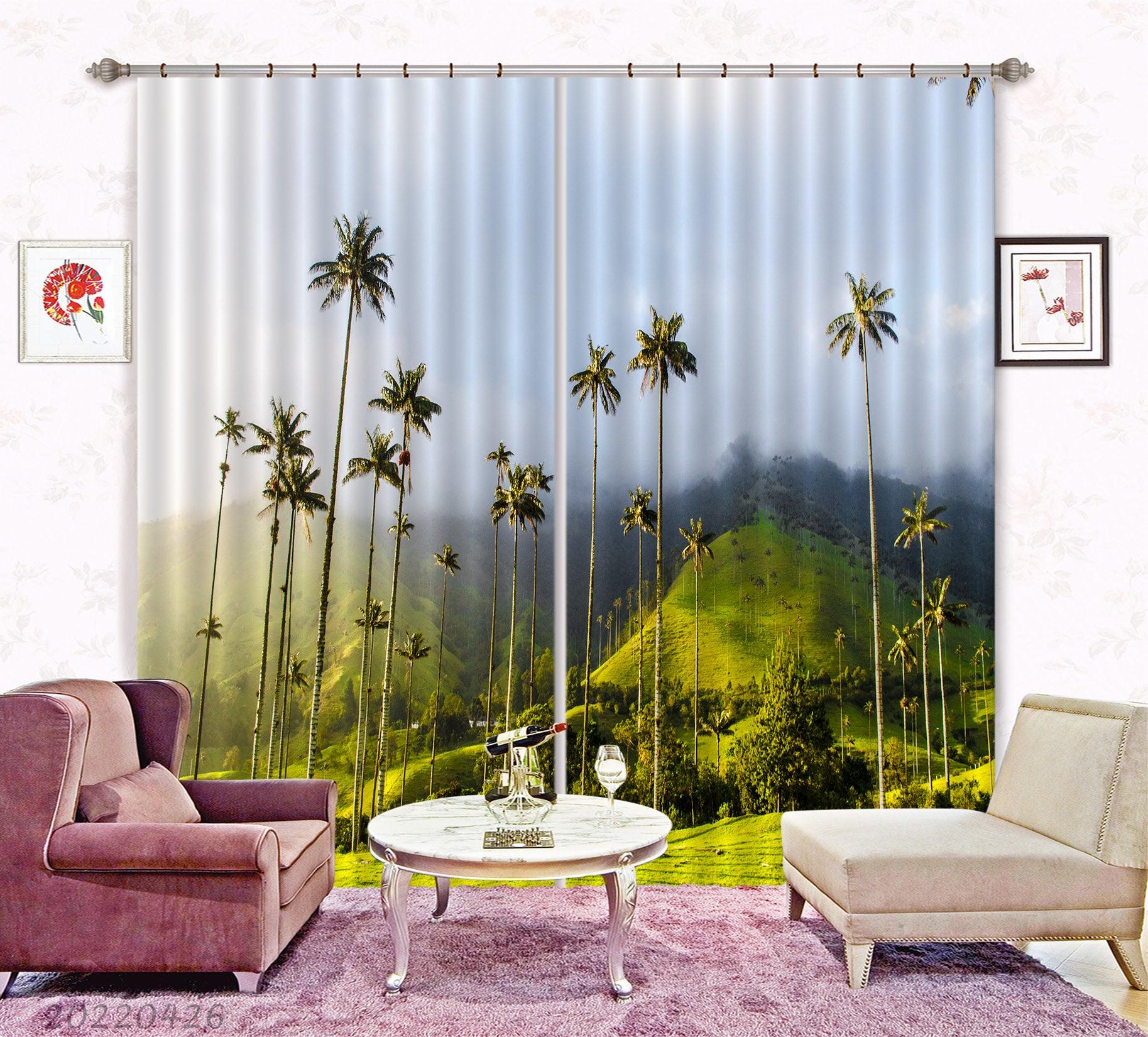 3D Landscape Mountain Green Plant Coconut Tree Fog Curtains and Drapes GD 4756- Jess Art Decoration