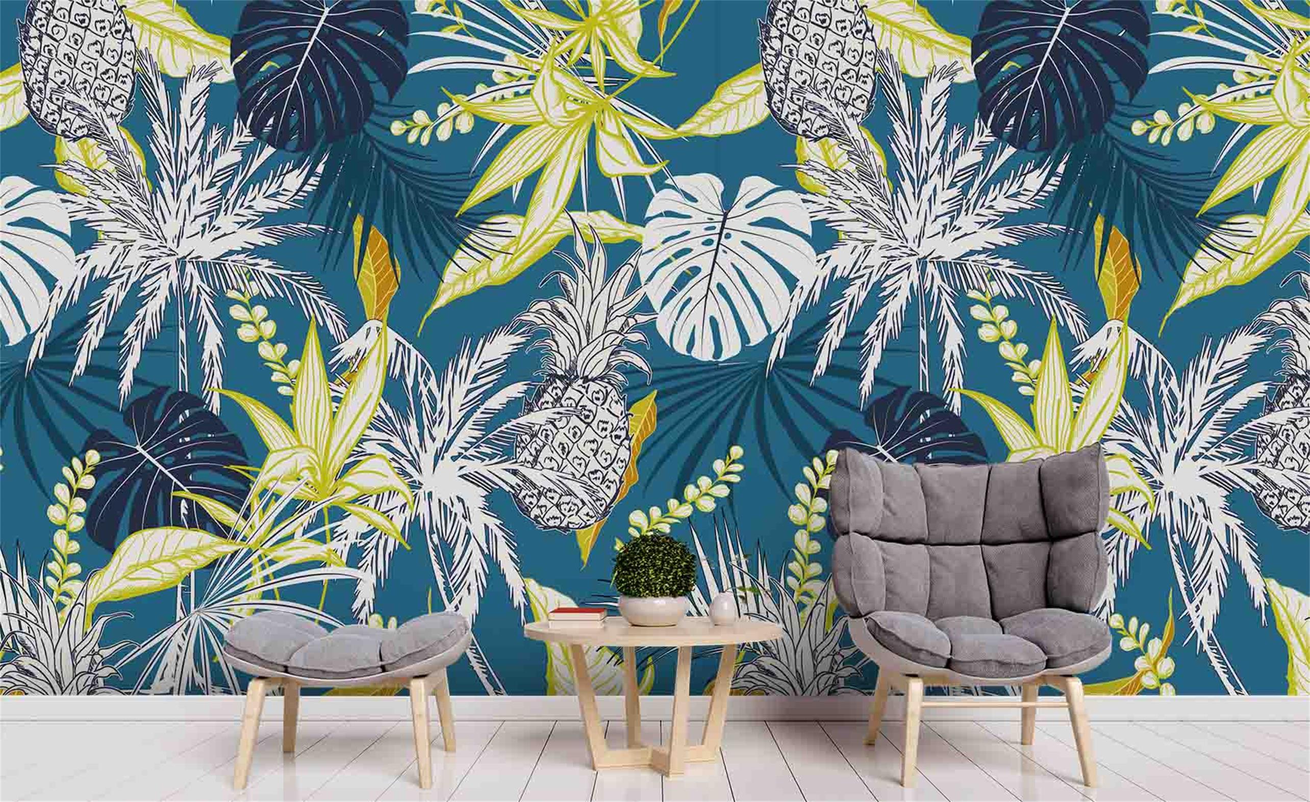 3D Blue Pineapple Palm Tree Leaves Wall Mural Wallpaper SF53- Jess Art Decoration
