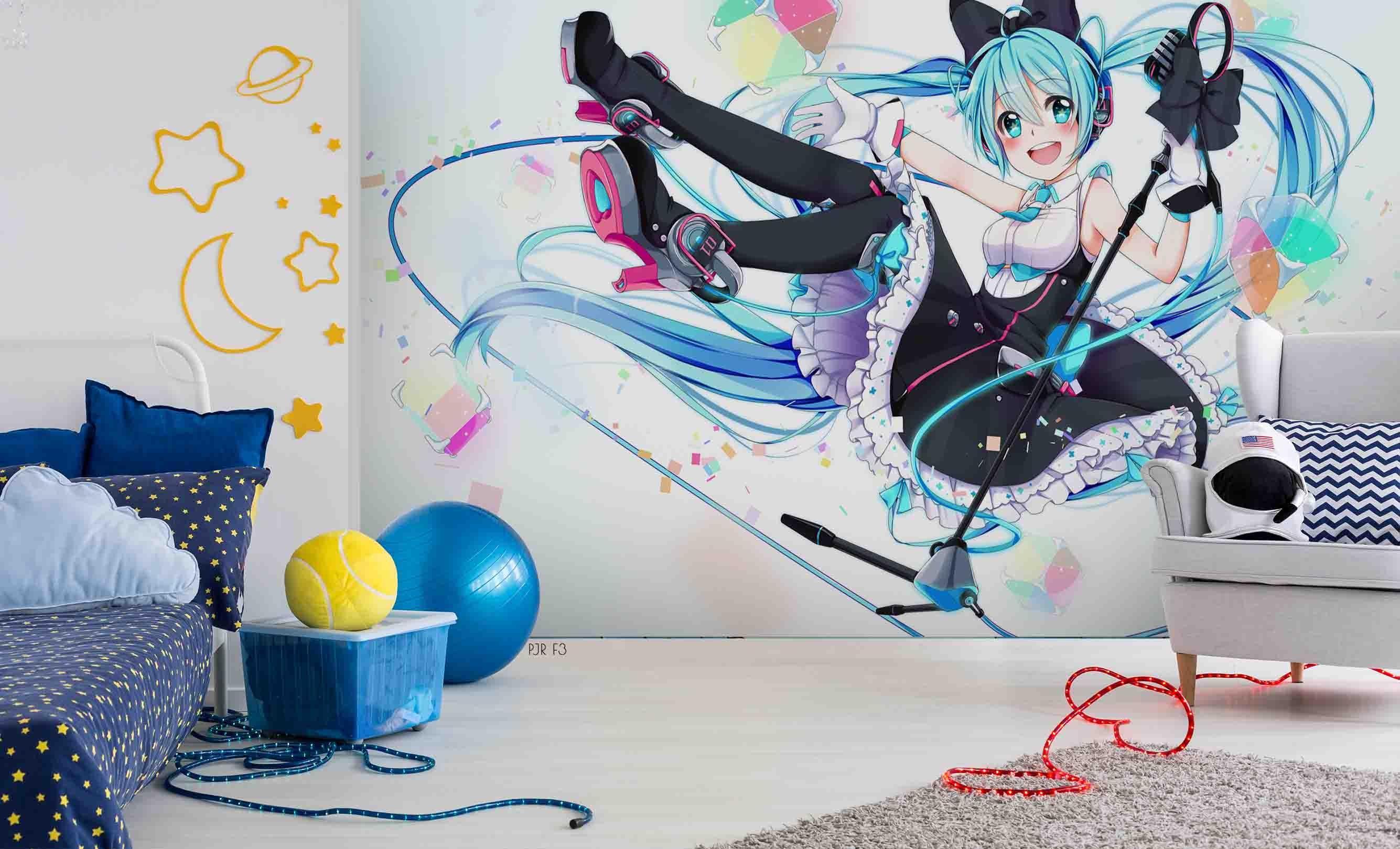 3D Colourful Anime Blue Hair Girl Wall Mural Wallpaper LXL 89- Jess Art Decoration