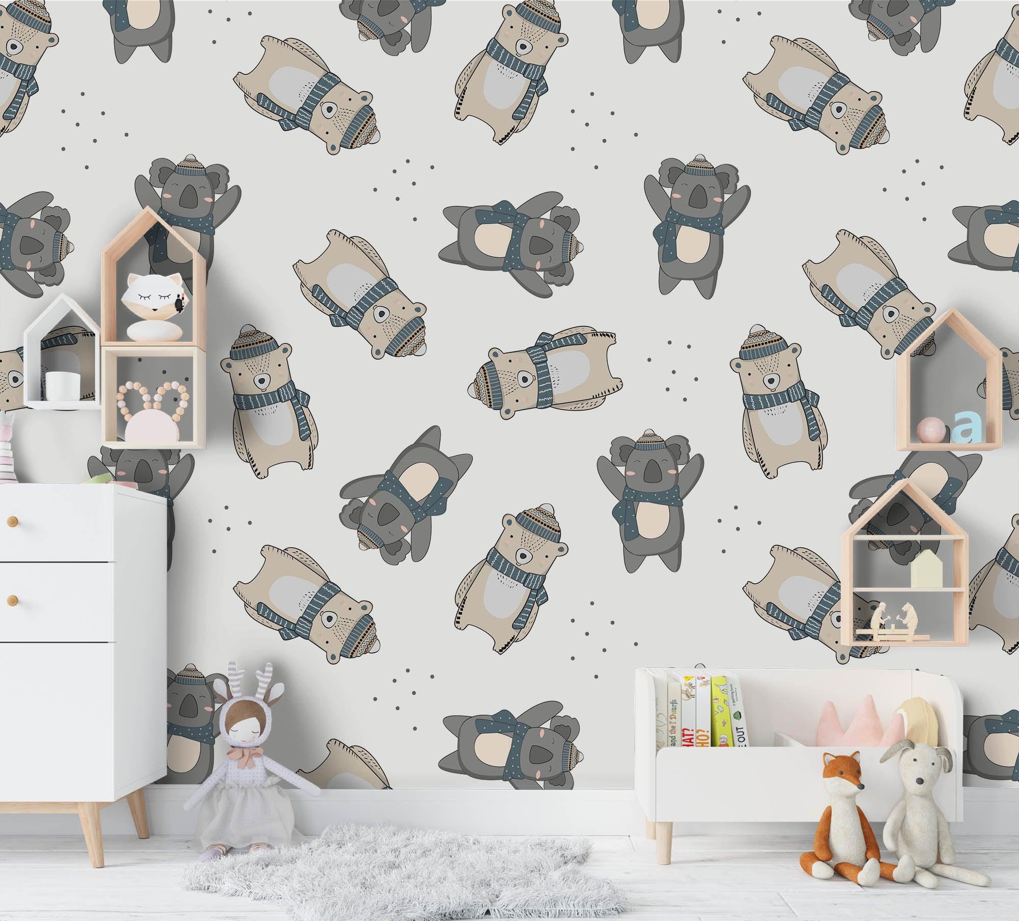 3D Cartoon Grey Bear Wall Mural Wallpaper A184 LQH- Jess Art Decoration