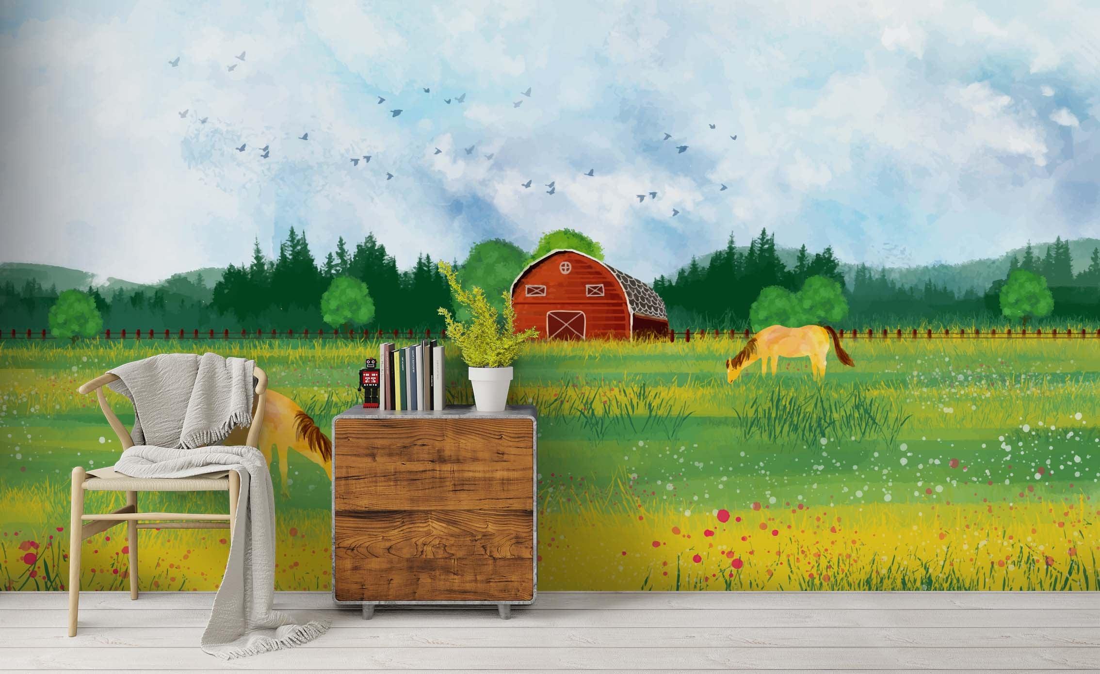 3D Cartoon Beautiful Grassland Animals Horse Green Wall Mural Wallpaper ZY D111- Jess Art Decoration