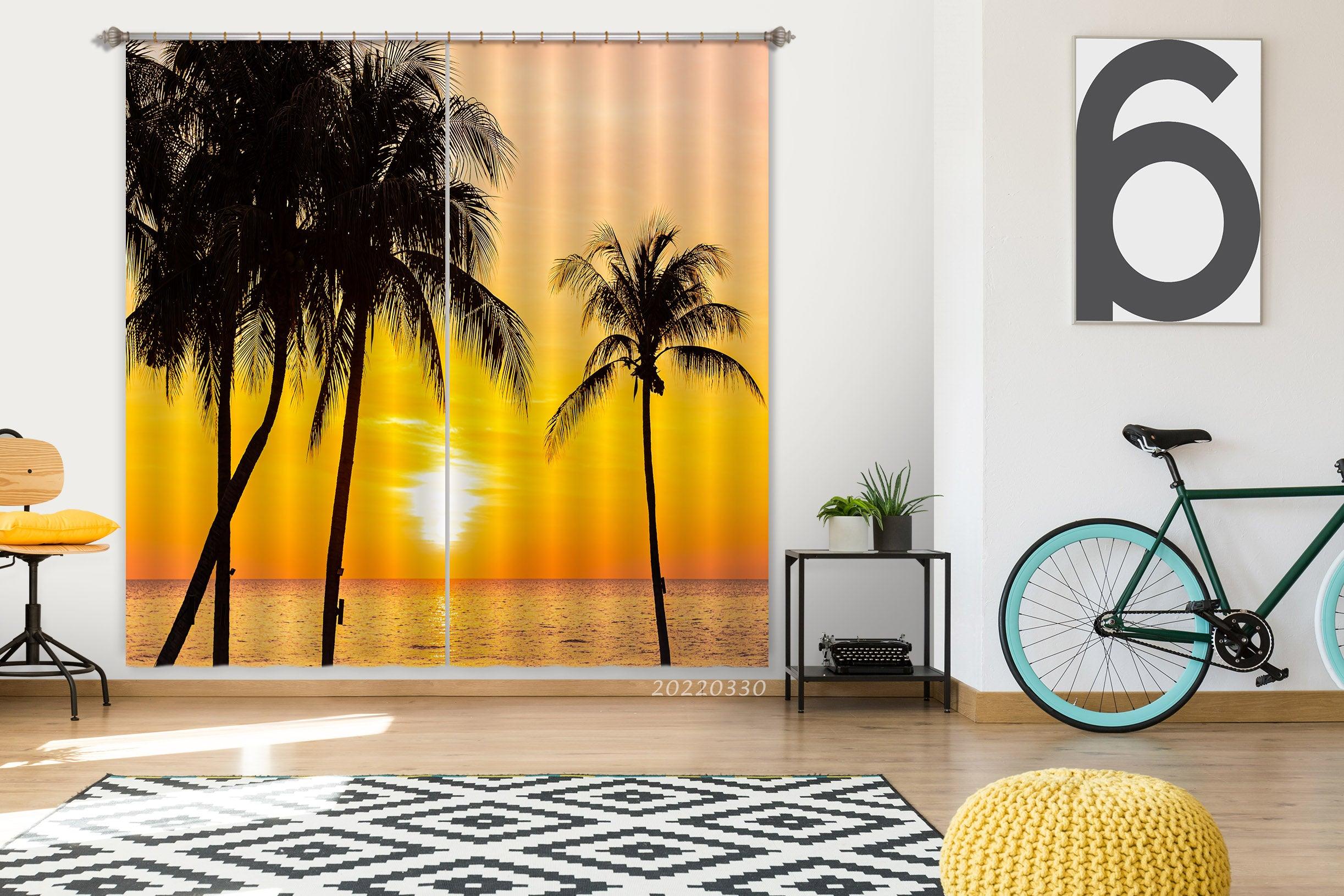 3D Landscape Ocean Silhouette Coconut Tree Sunset Curtains and Drapes GD 3751- Jess Art Decoration