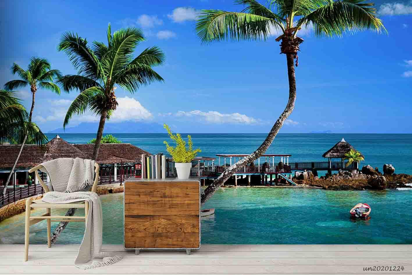 3D Blue Sky Sea Coconut Tree Wall Mural Wallpaper LQH 28- Jess Art Decoration